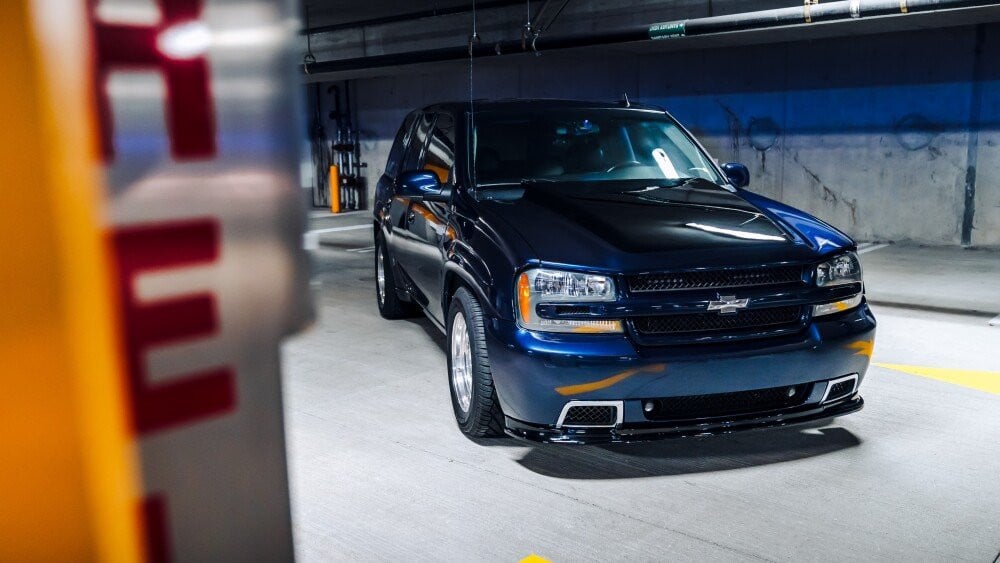 2022 Blue Chevy Trail Blazer SS parked showing the front of the car