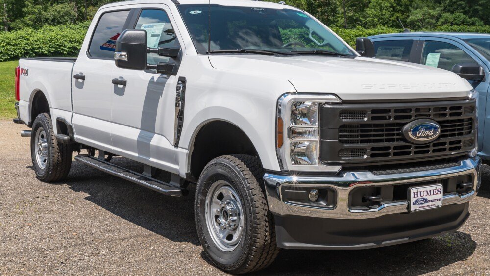 Corry, Pennsylvania, USA July 7. 2024 A new Ford F350 four door truck for sale at a dealership on a sunny summer day