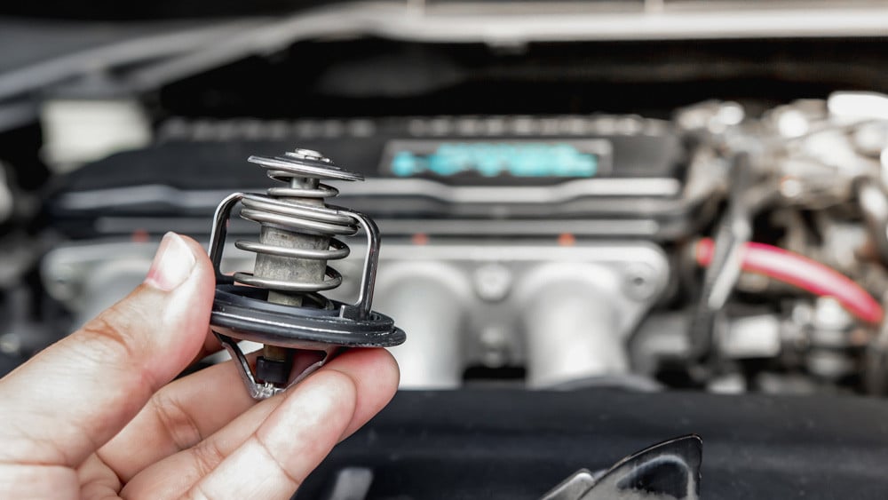 hand holding the engine thermostat of a vehicle