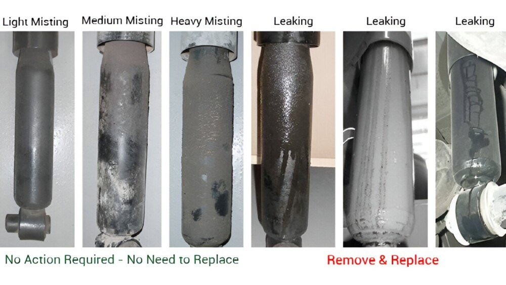 Diagram showing difference between mere misting and more severe leaking on shocks