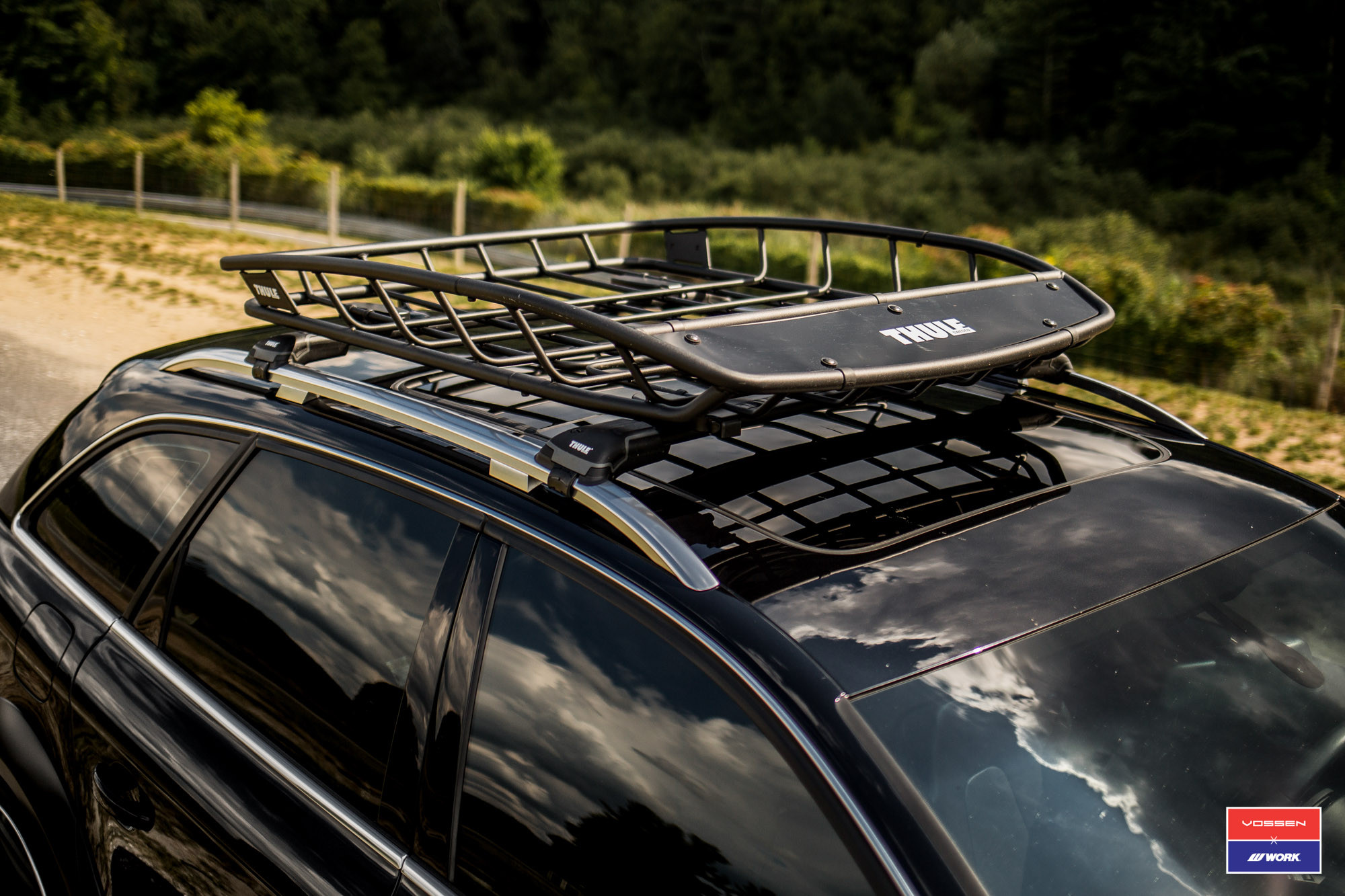 Black Audi A4 with Thule Canyon Roof Cargo Basket - Photo by Vossen