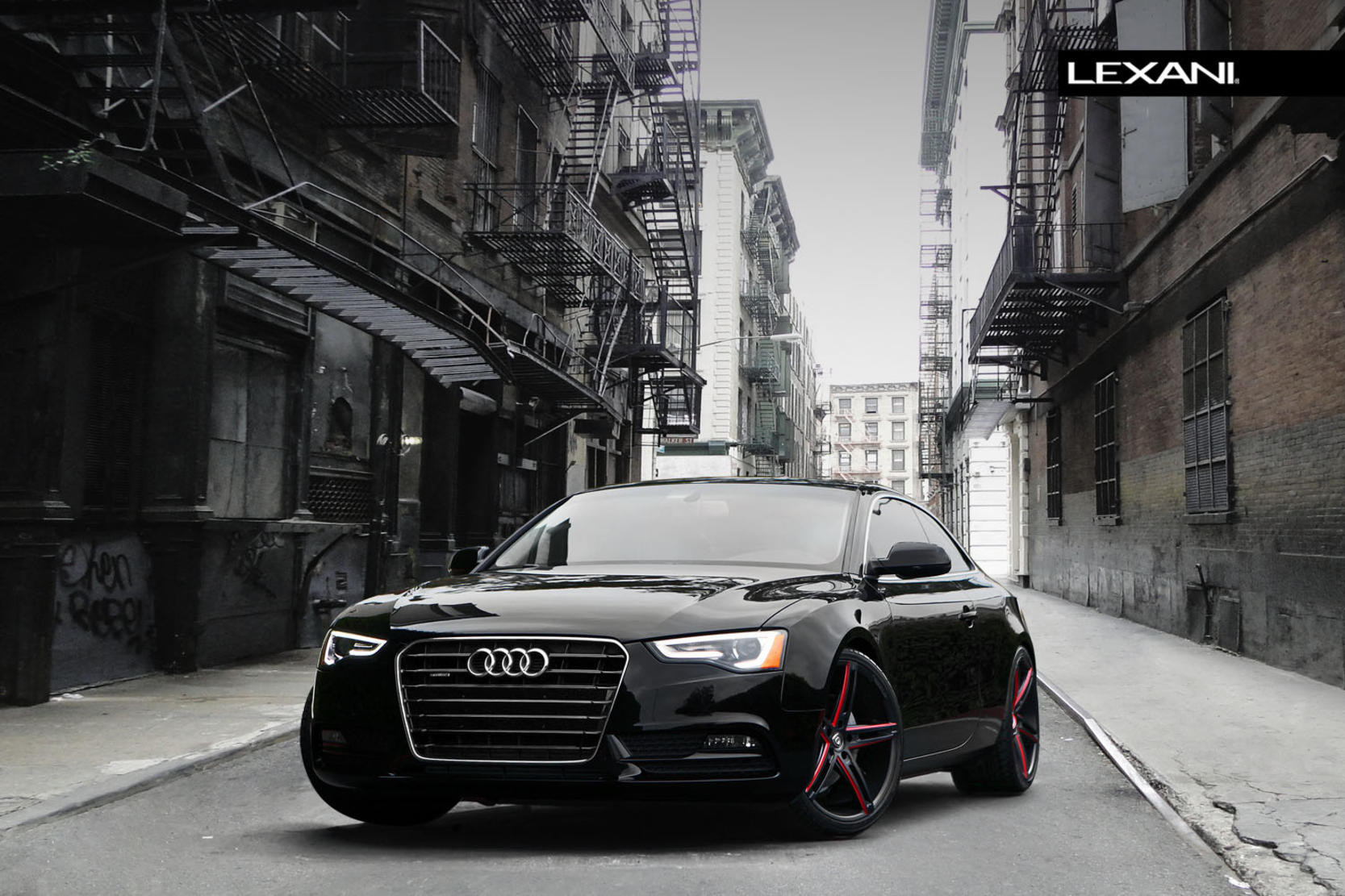 Black R-Three Lexani Wheels with Red Accents on Audi A5 - Photo by Lexani