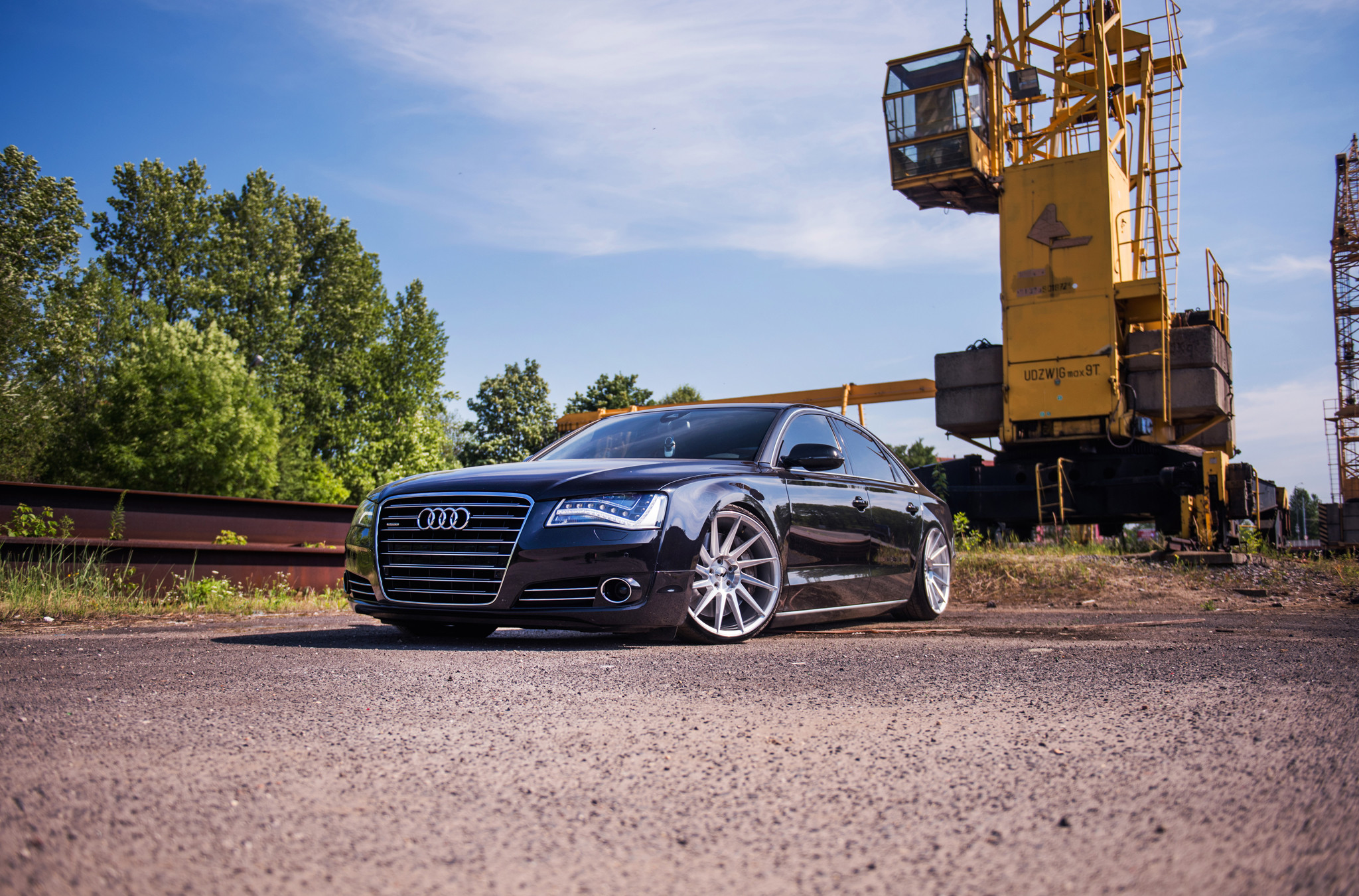 Front Bumper with Fog Lights on Black Audi A8 - Photo by JR Wheels