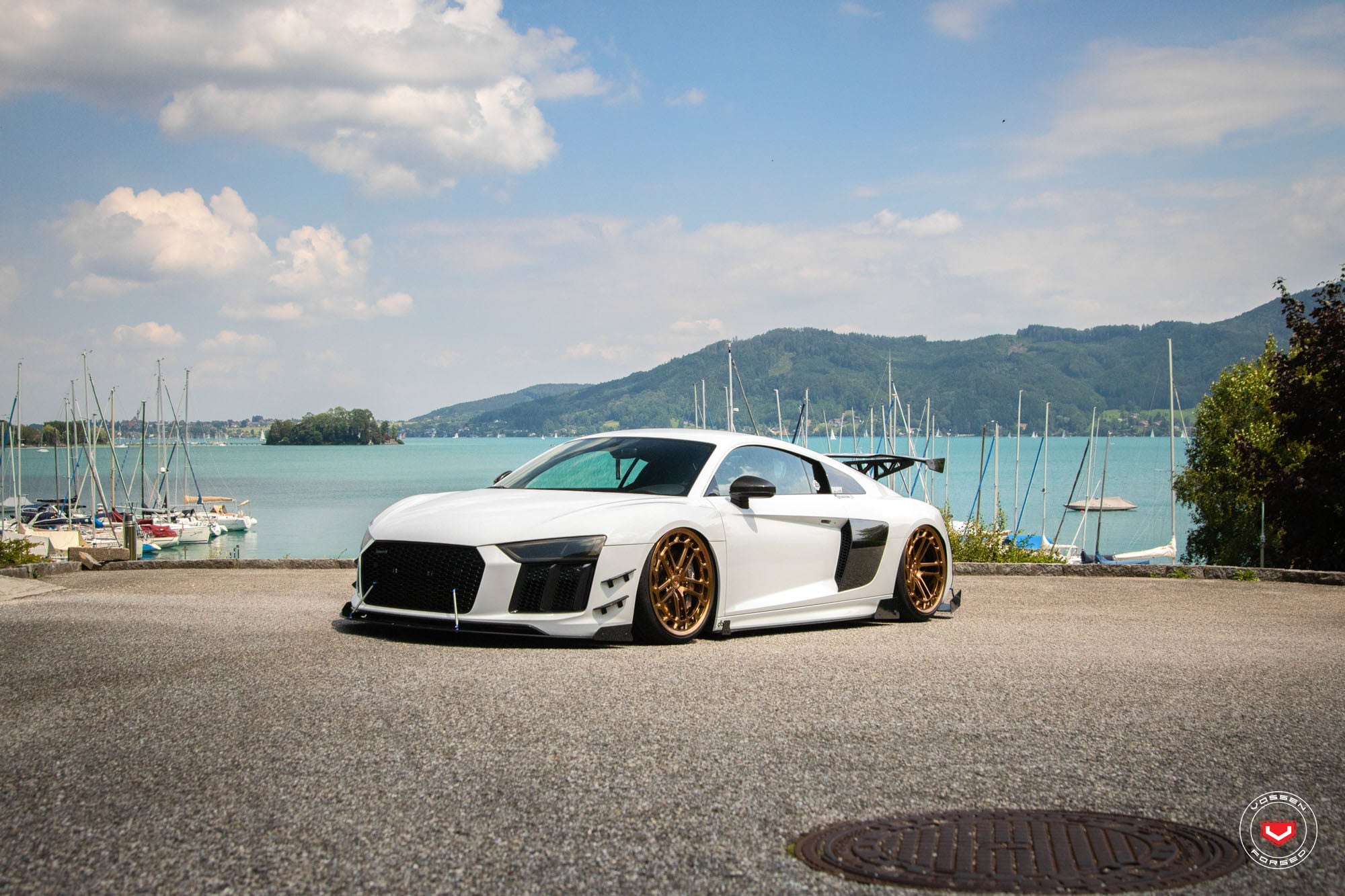 White Stanced Audi R8 with Blacked Out Mesh Grille - Photo by Vossen