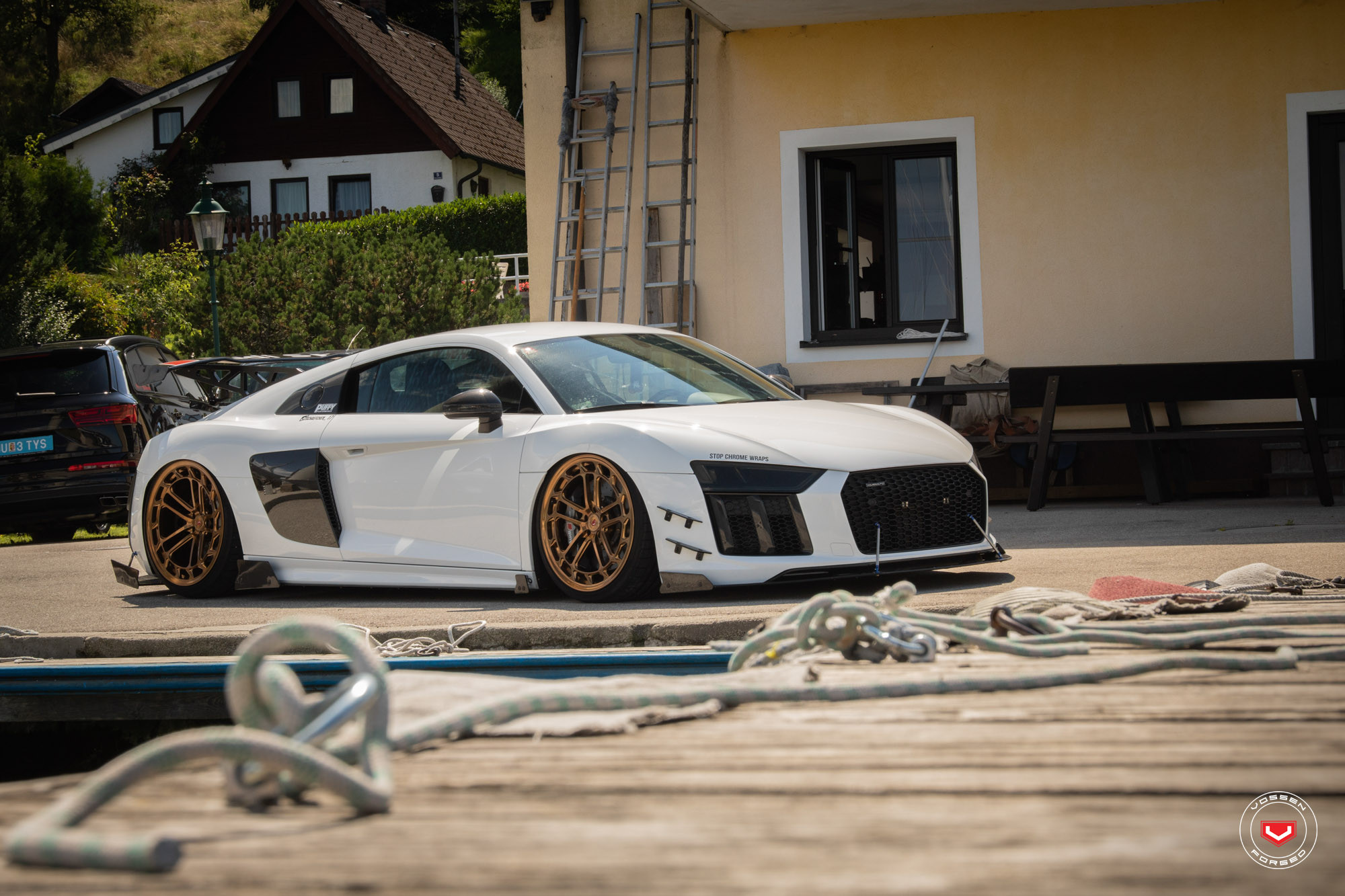 Dark Smoke Headlights on White Stanced Audi R8 - Photo by Vossen