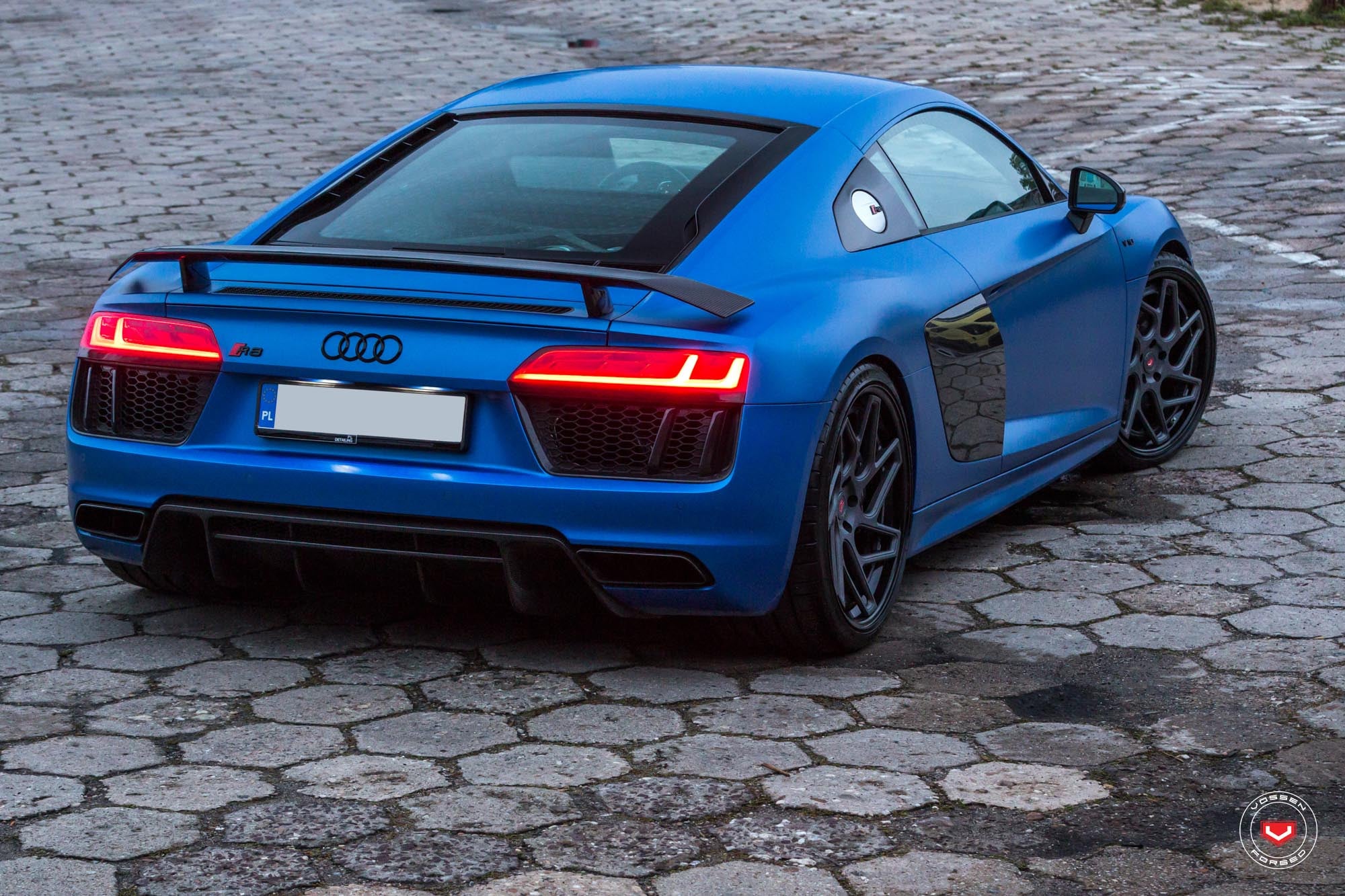 Matte Blue Audi R8 with Carbon Fiber Rear Spoiler - Photo by Vossen Wheels