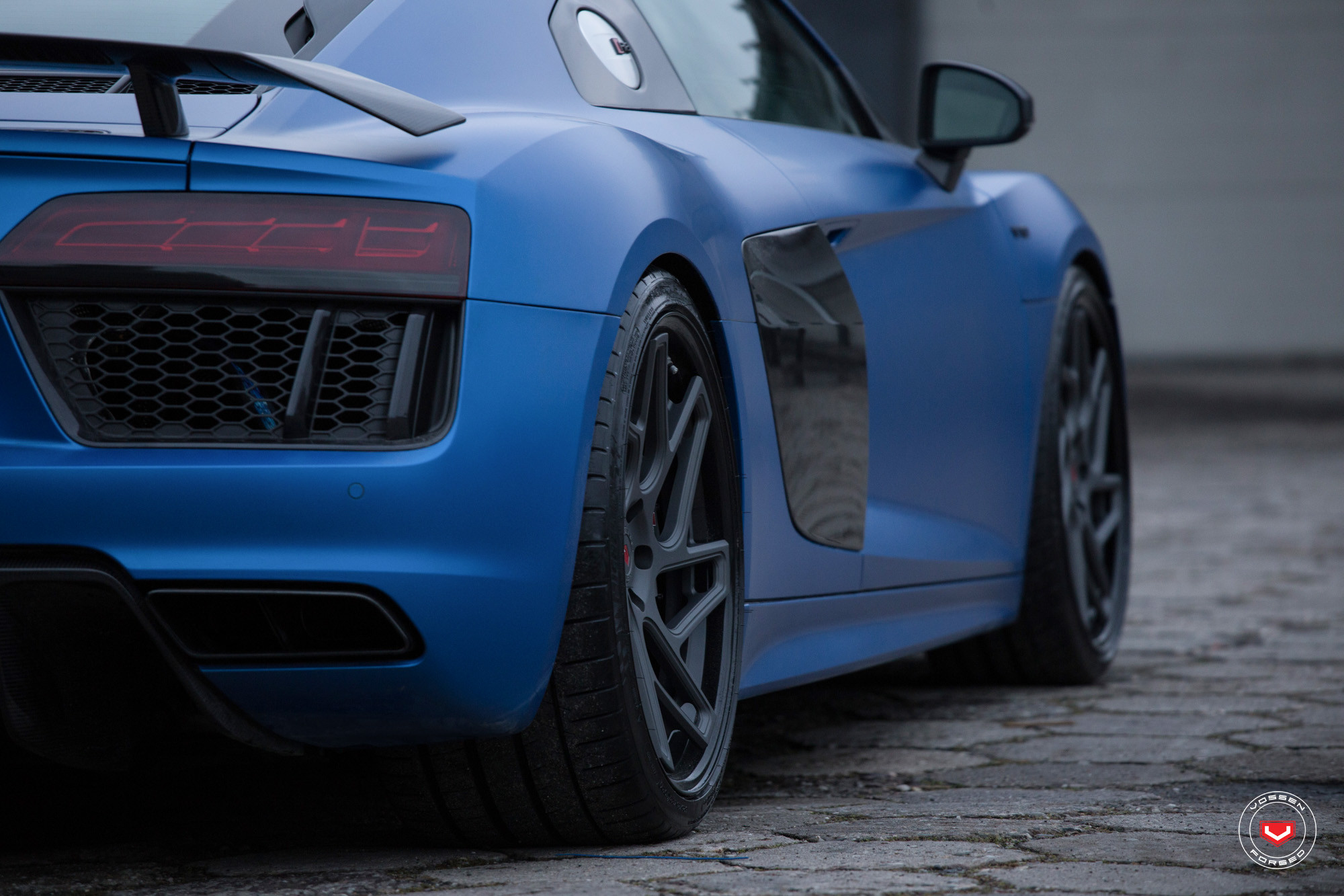 Matte Blue Audi R8 with Carbon Fiber Rear Diffuser - Photo by Vossen Wheels
