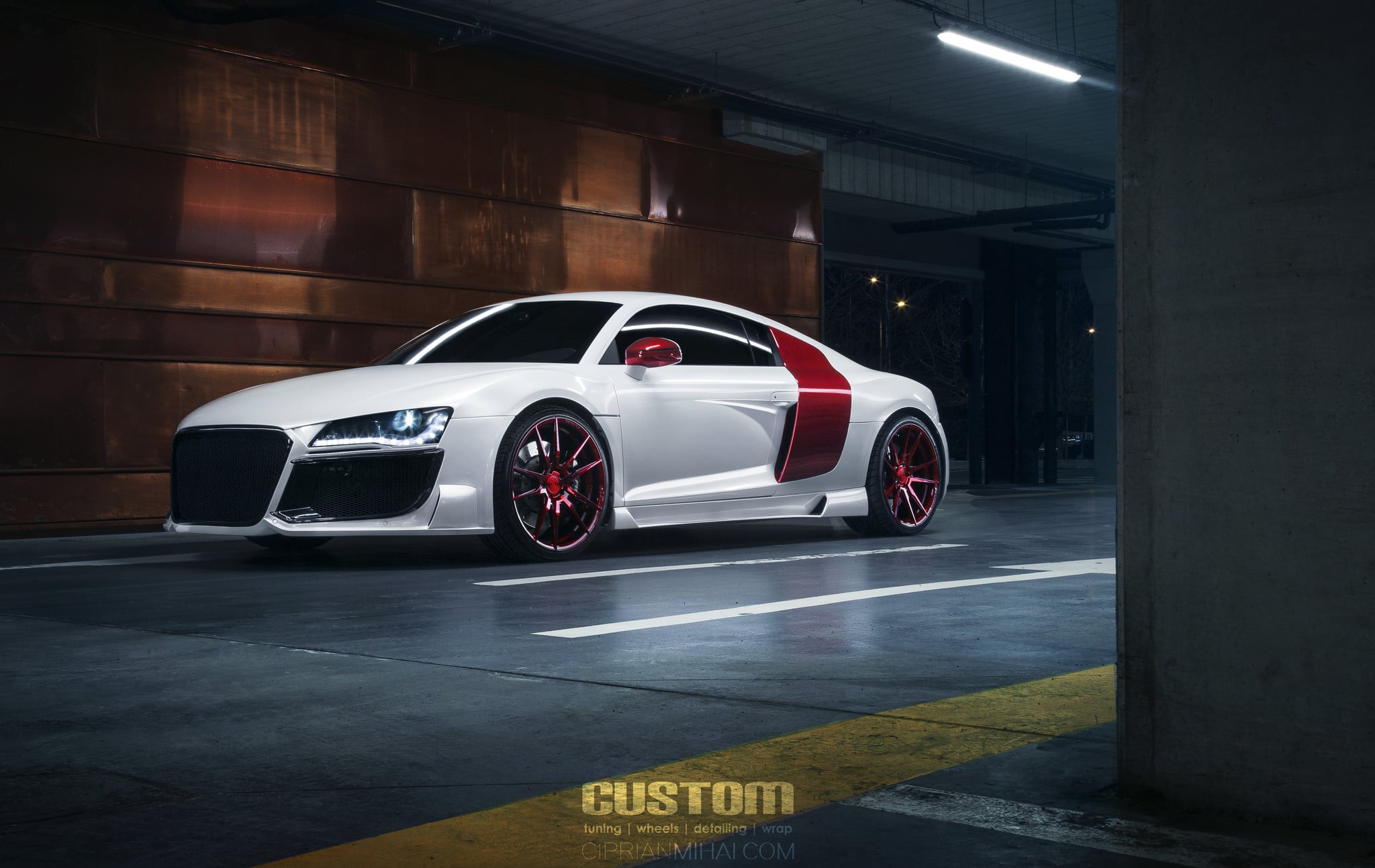 Glamorous White Audi R8 with Red Accents and Red Wheels | CARiD.com Gallery