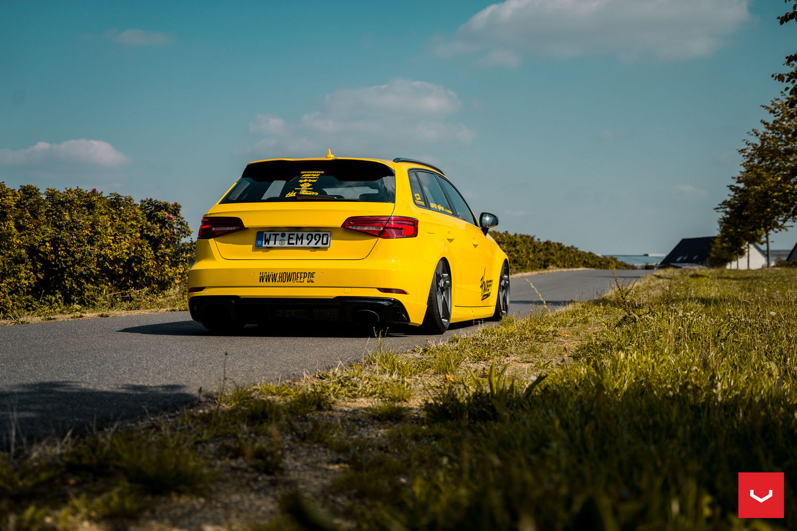 Aftermarket Rear Diffuser on Yellow Stanced Audi S3 - Photo by Vossen