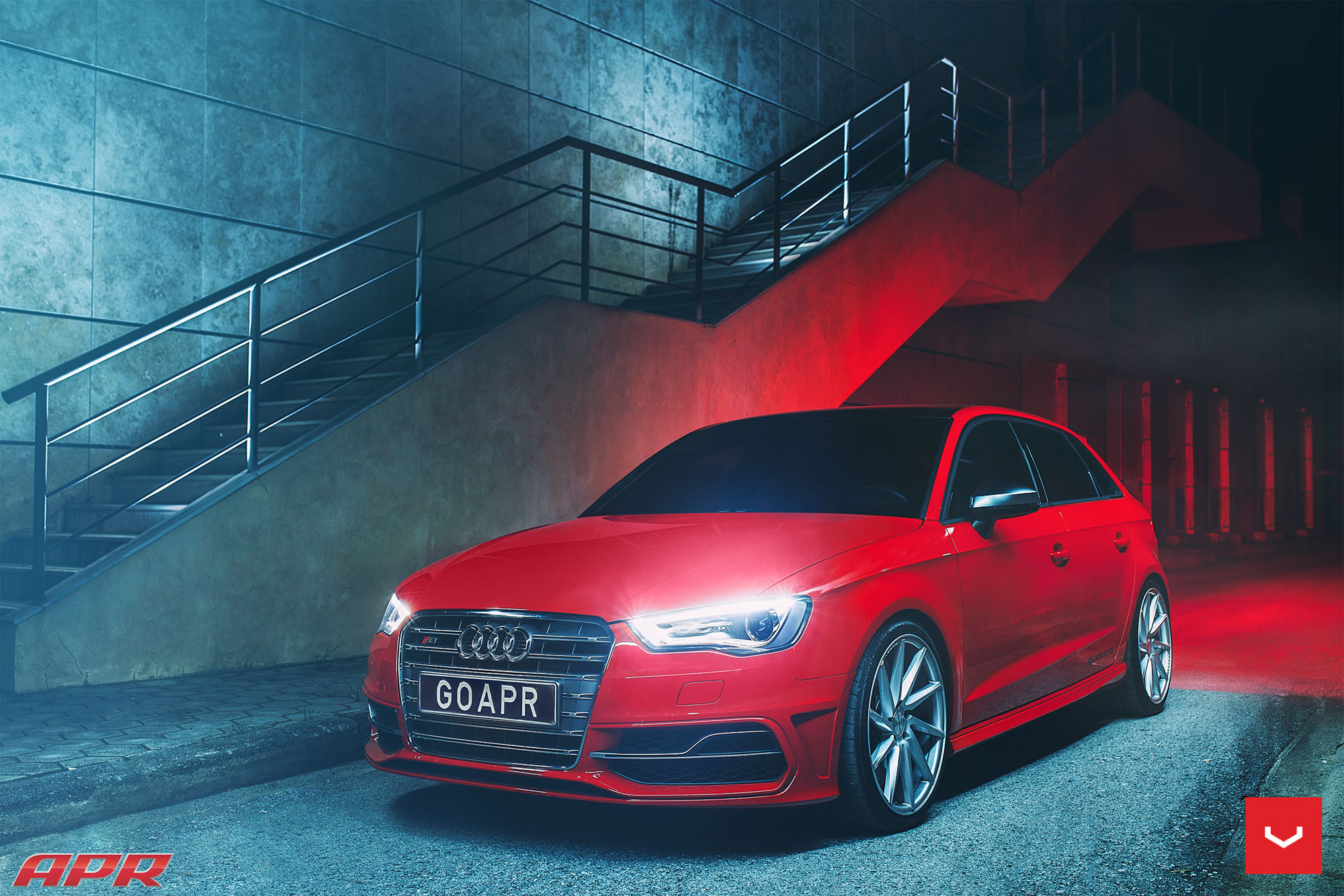 Aftermarket LED-Bar Style Headlights on Red Audi S3 - Photo by Vossen