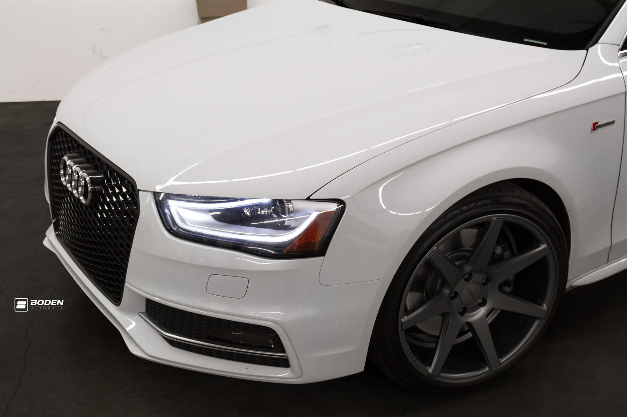 White Audi S4 with Aftermarket LED-Bar Style Headlights - Photo by Vossen