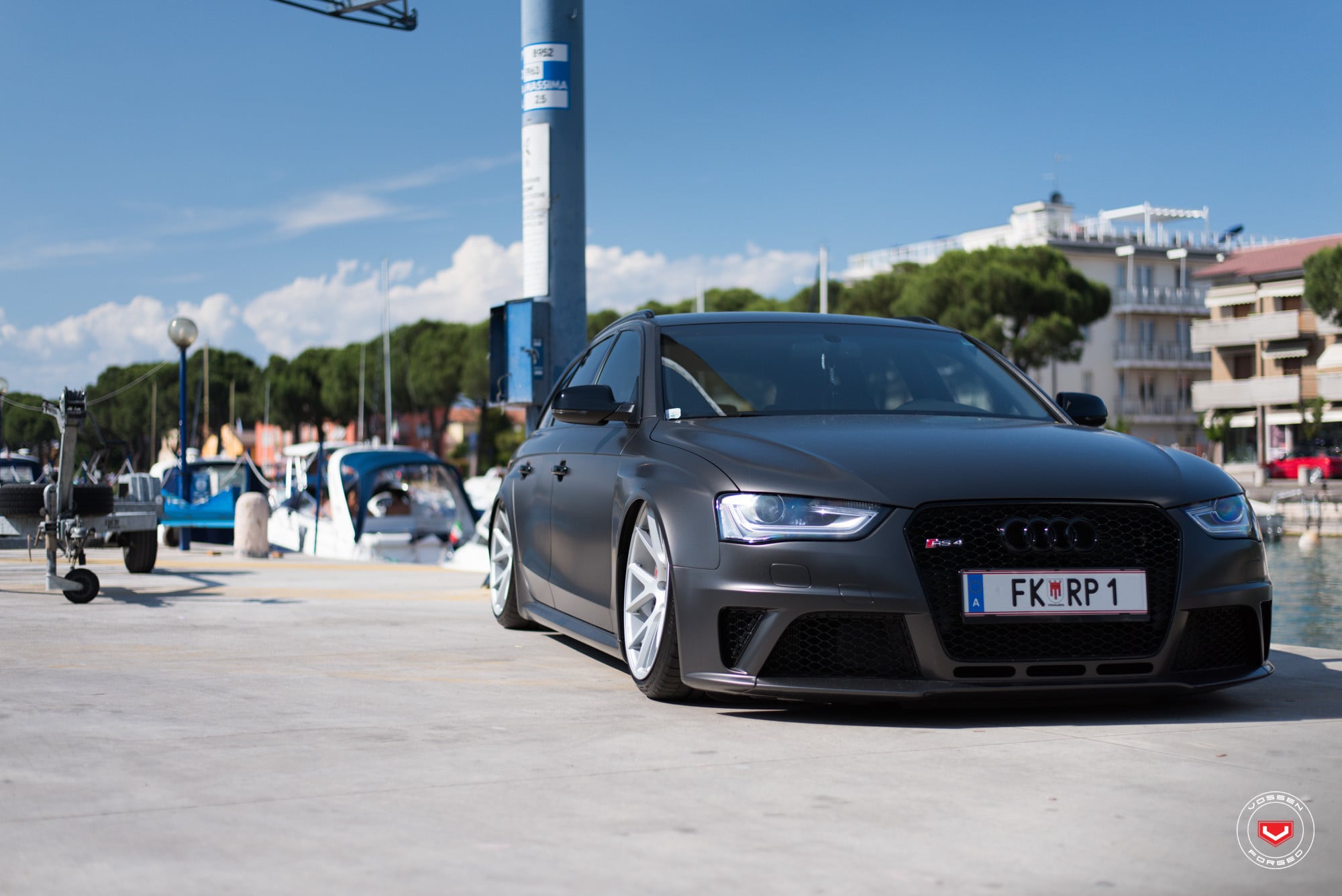 Lowered Black Audi RS4 with Custom Grille - Photo by Vossen