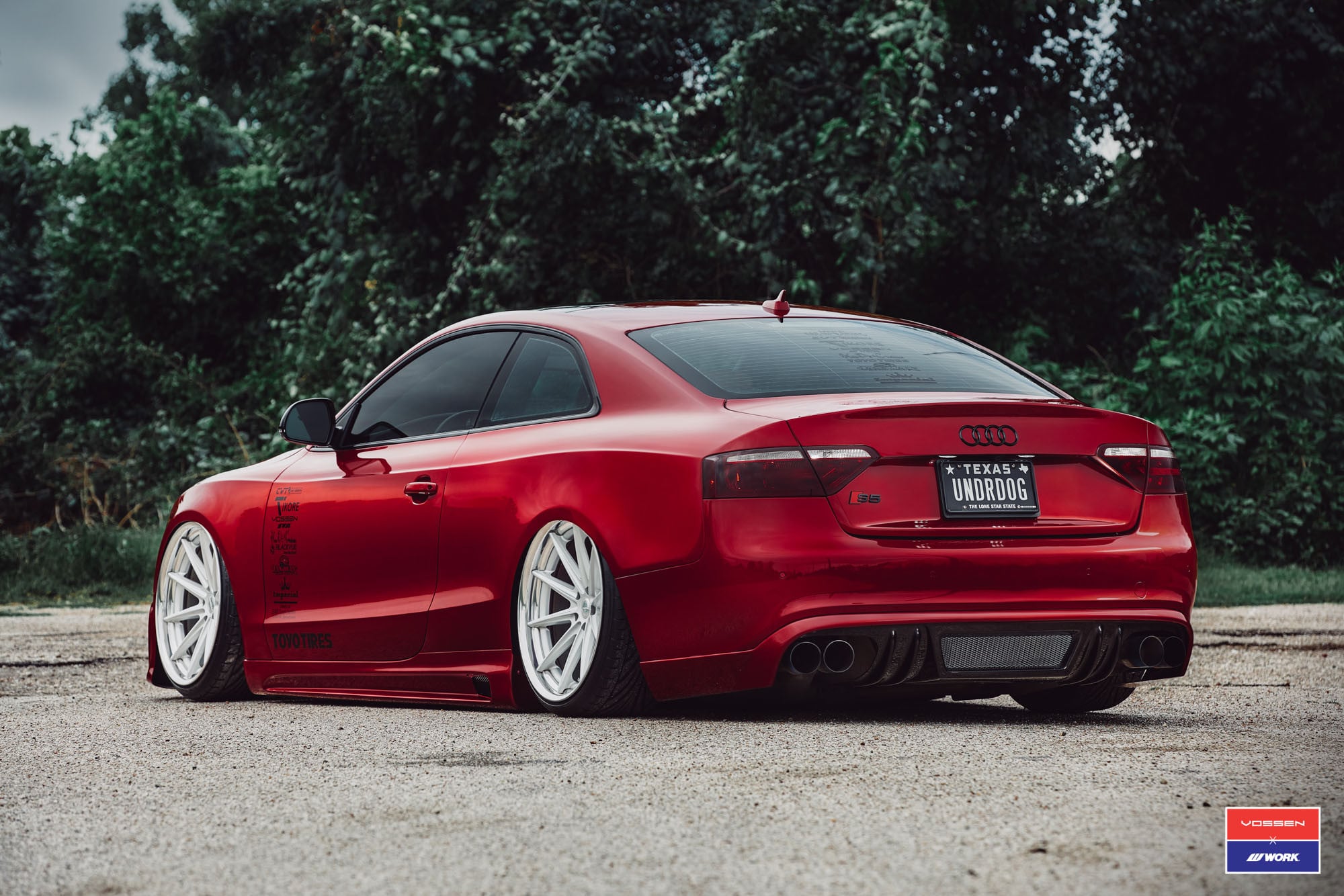 Aftermarket Rear Diffuser with Dual Exhaust Tips on Red Audi S5 - Photo by Vossen