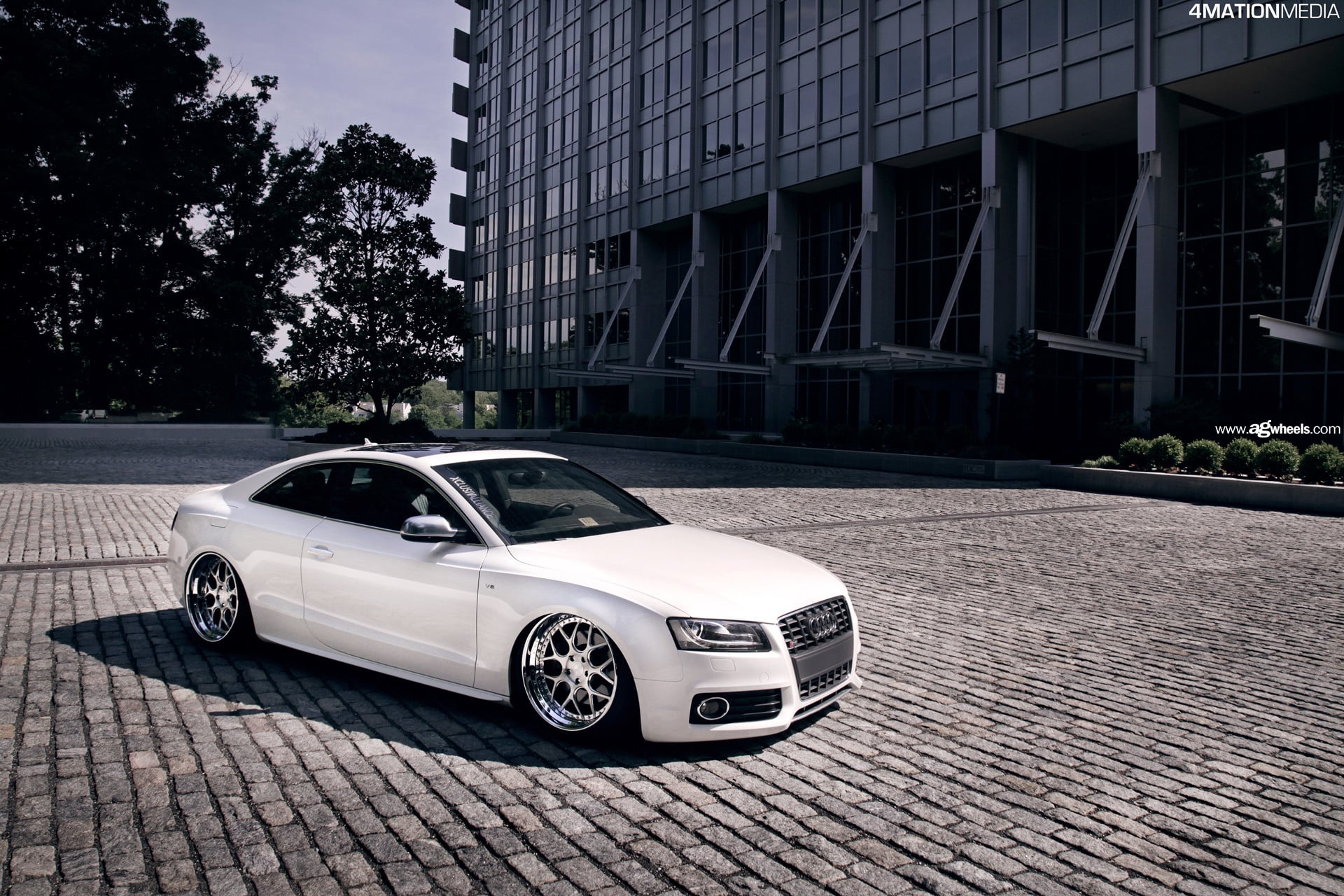 Dark Smoke Headlights on White Audi S5 - Photo by Avant Garde Wheels