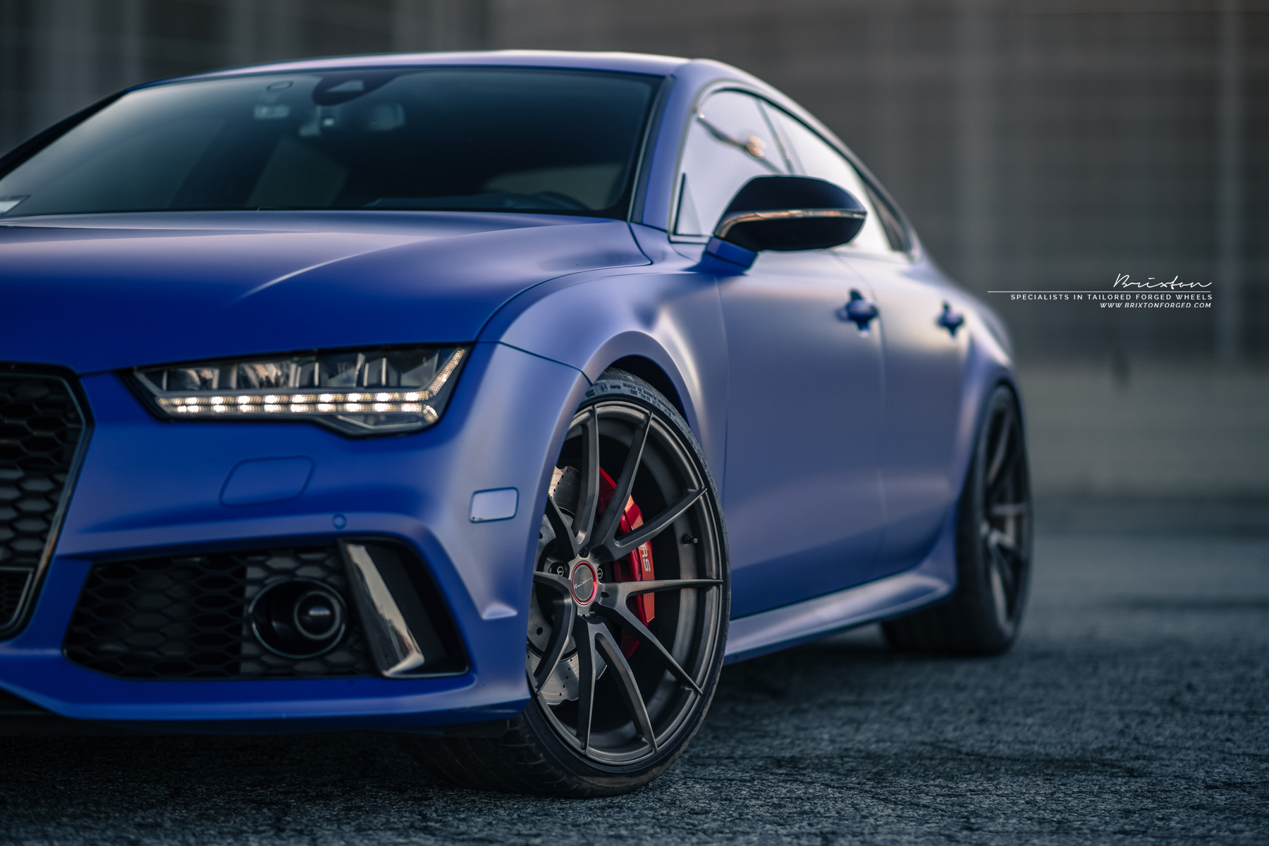 Front Bumper with Fog Lights on Matte Blue Audi S7 - Photo by Brixton Forged Wheels