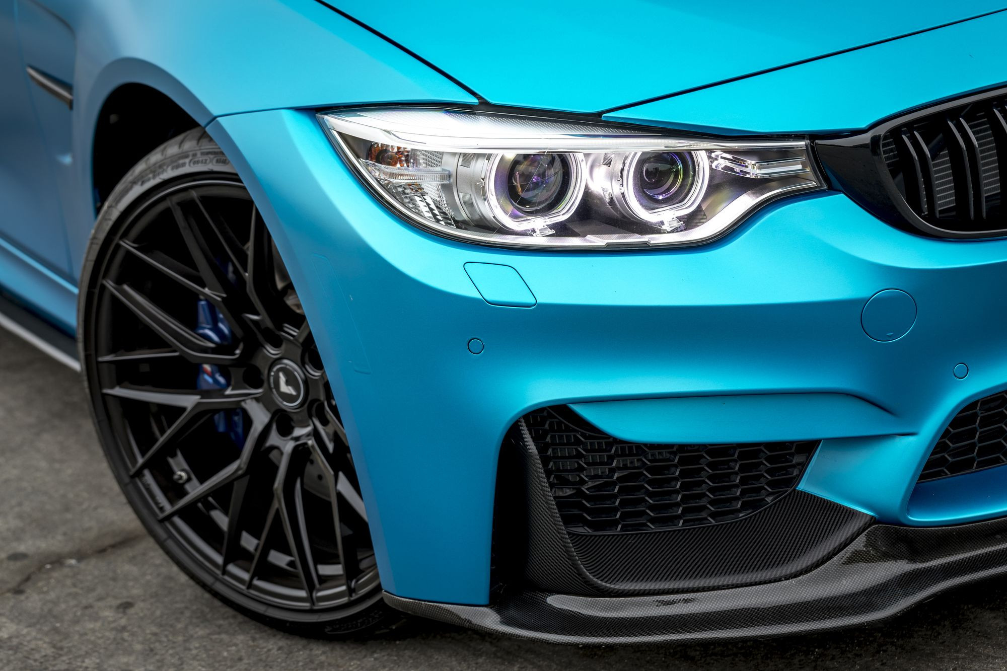 Carbon Fiber Front Lip on Matte Blue BMW 3-Series - Photo by Vorstiner
