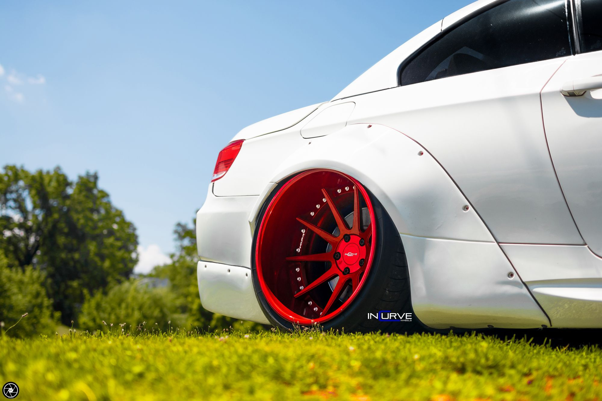 Matte Red Incurve Wheels on White BMW 3-Series - Photo by Incurve Wheels