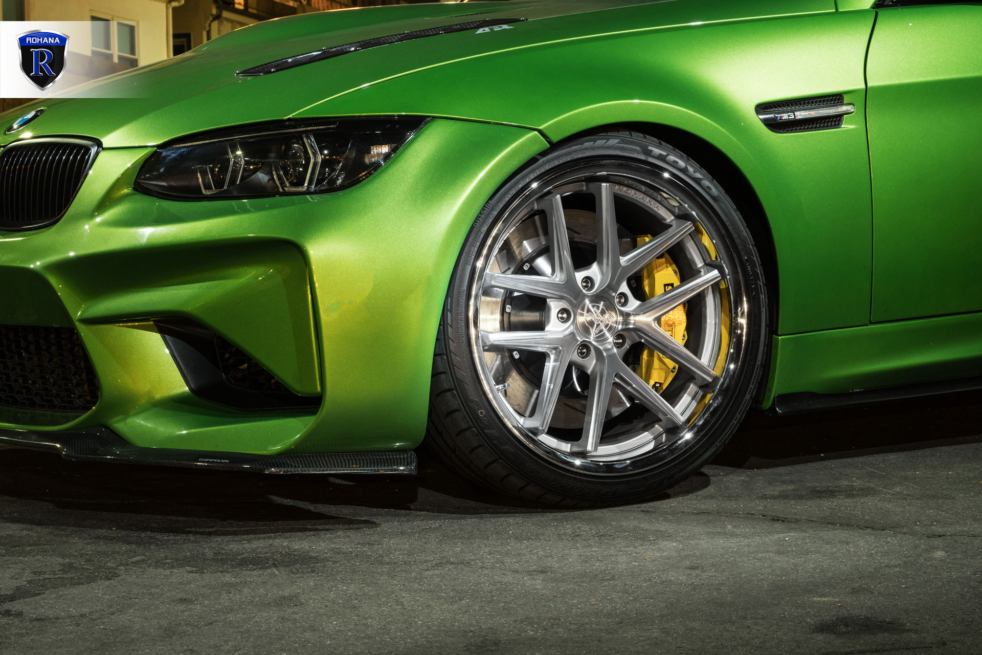 Green BMW 3-Series with Custom Dark Smoke Headlights - Photo by Rohana Wheels