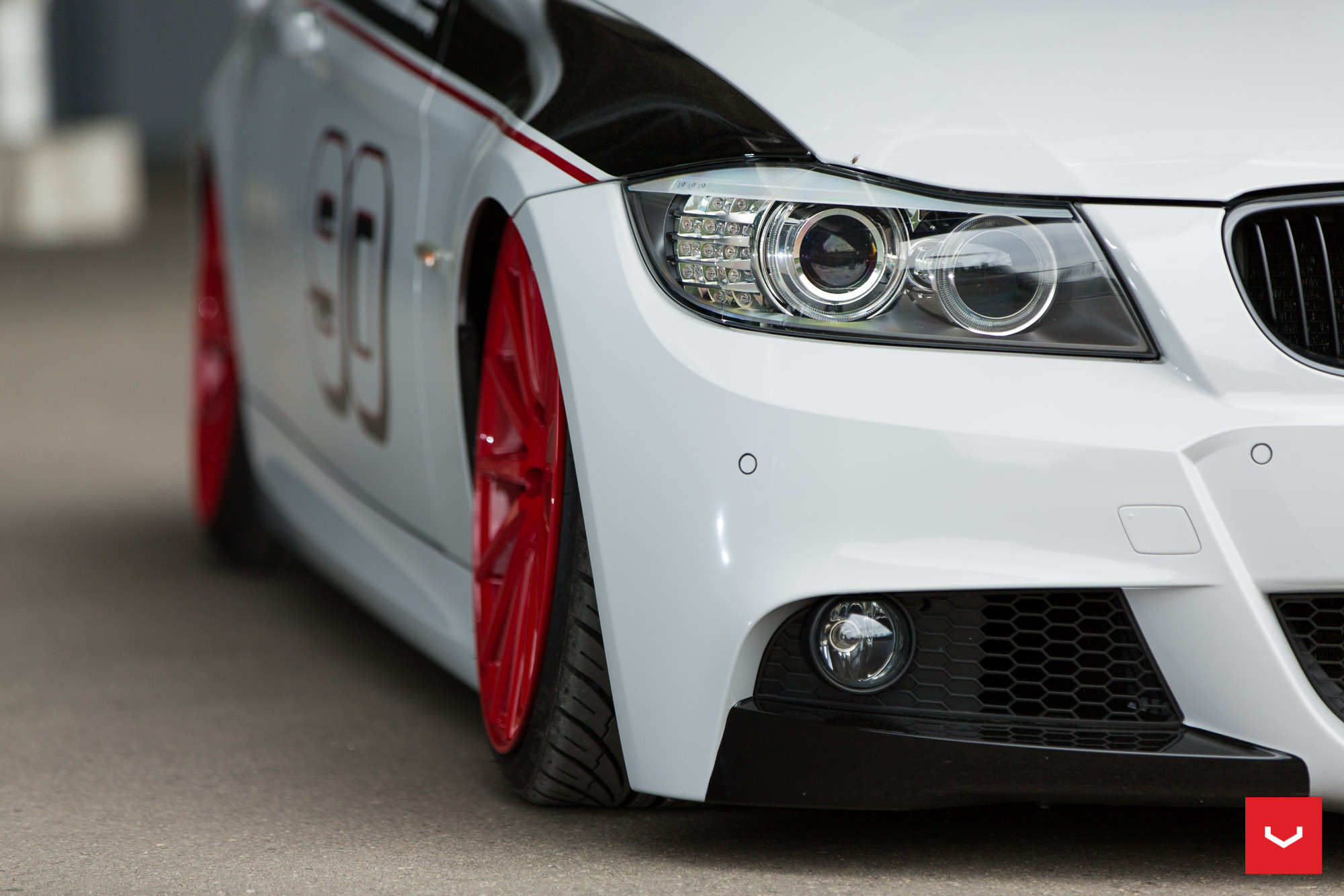 Aftermarket Halo Headlights on Lowered White BMW 3-Series - Photo by Vossen
