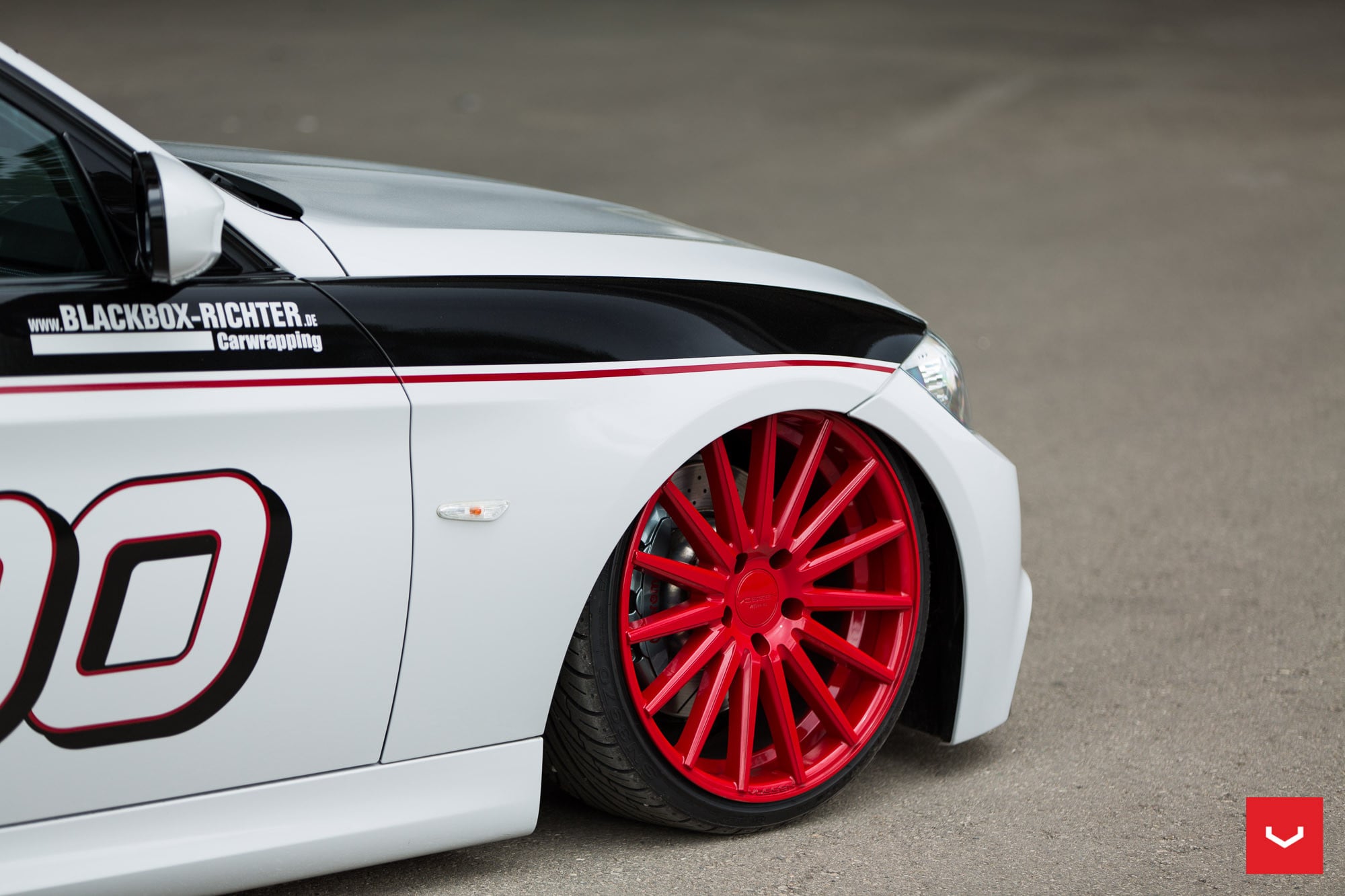White BMW 3-Series with Custom Red VFS Vossen Rims - Photo by Vossen