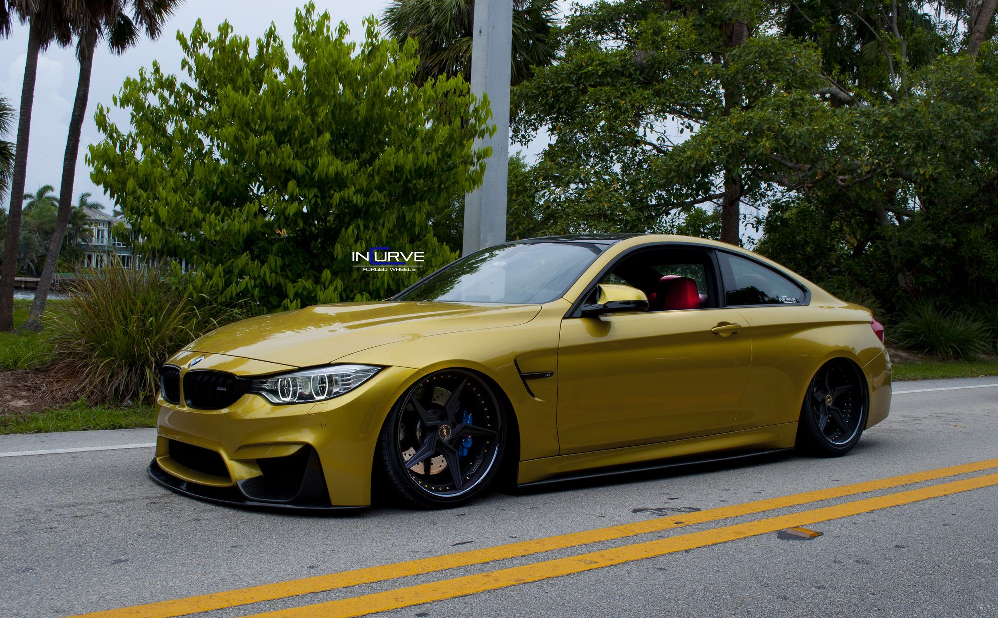 Custom Halo Headlights on Yellow BMW 4-Series - Photo by Incurve Wheels
