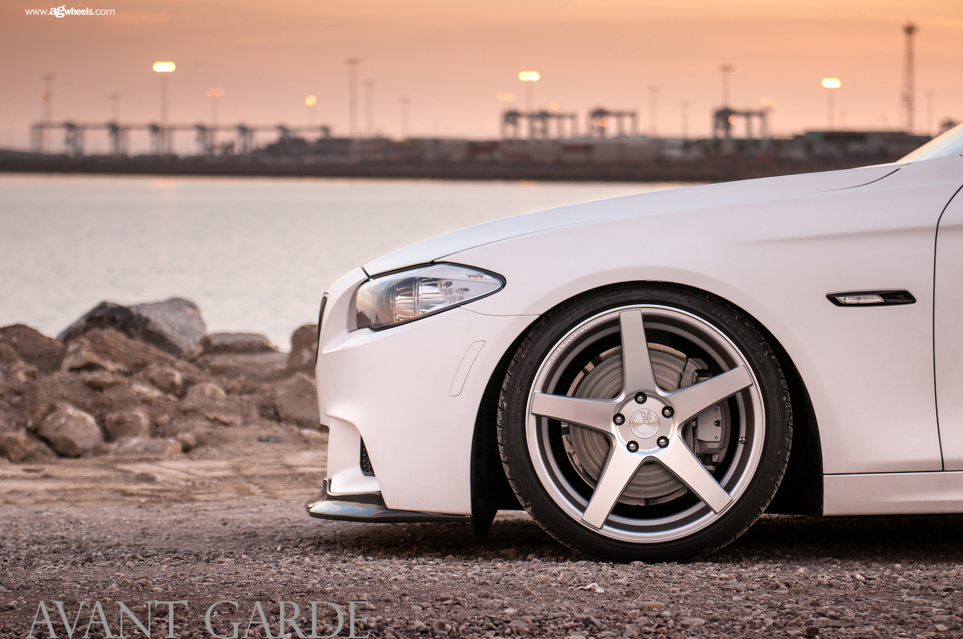 Polished Avant Garde Rims on White BMW 5-Series - Photo by Avant Garde Wheels