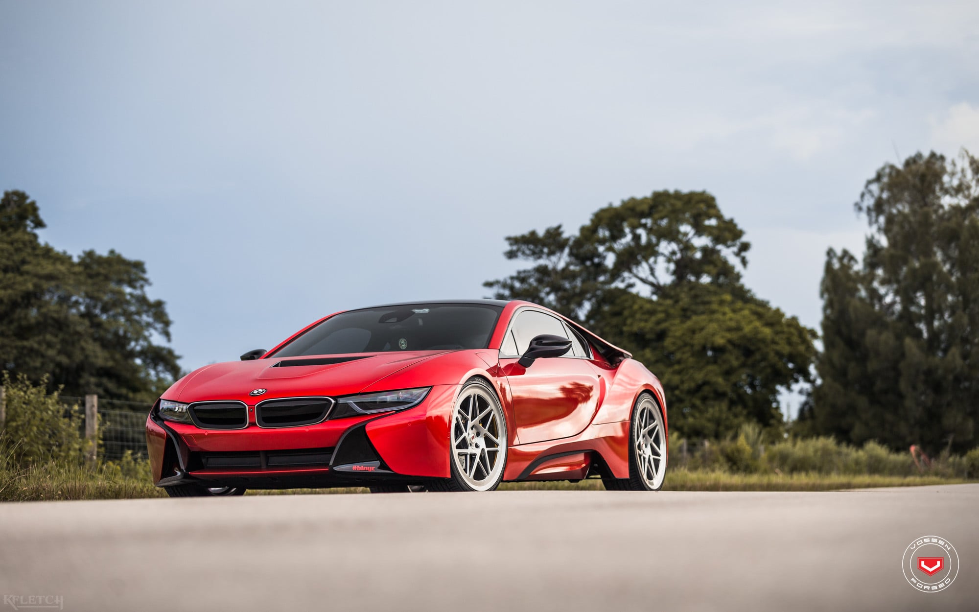 Red BMW i8 with Custom Dark Smoke Headlights - Photo by Vossen