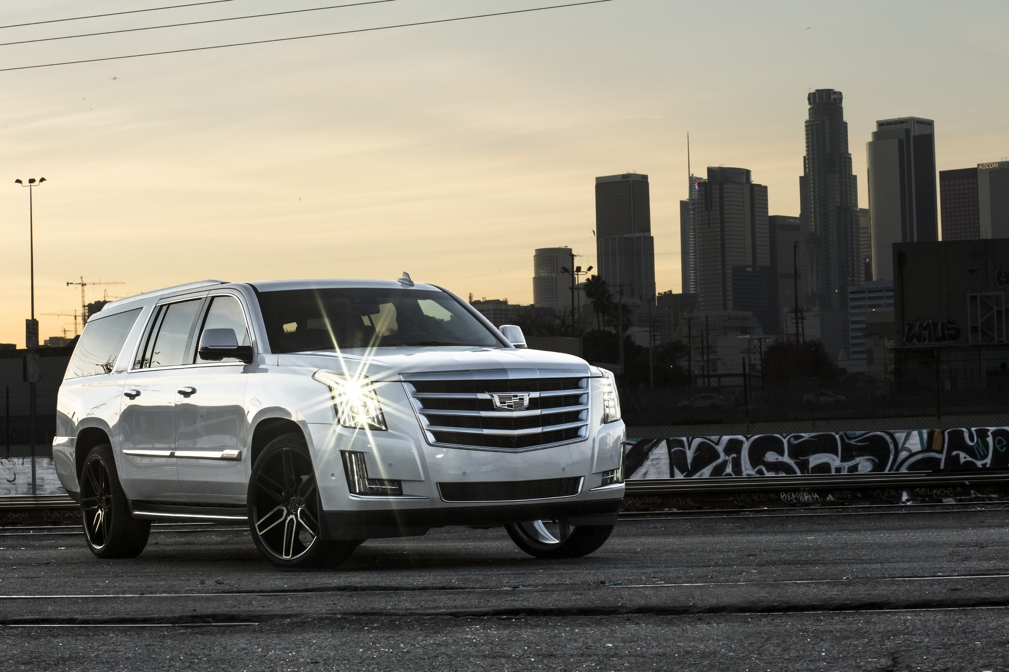 Aftermarket LED Headlights on Gray Cadillac Escalade - Photo by Blaque Diamond Wheels