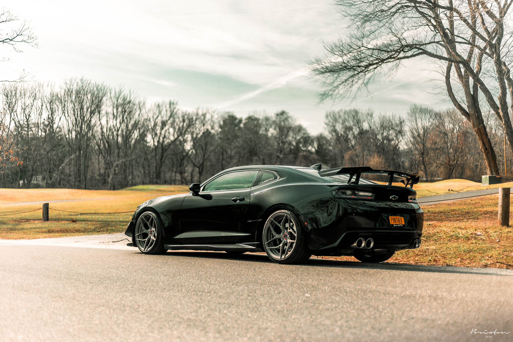 Black Chevy Camaro with Custom Style Wing Spoiler - Photo by Brixton Forged Wheels