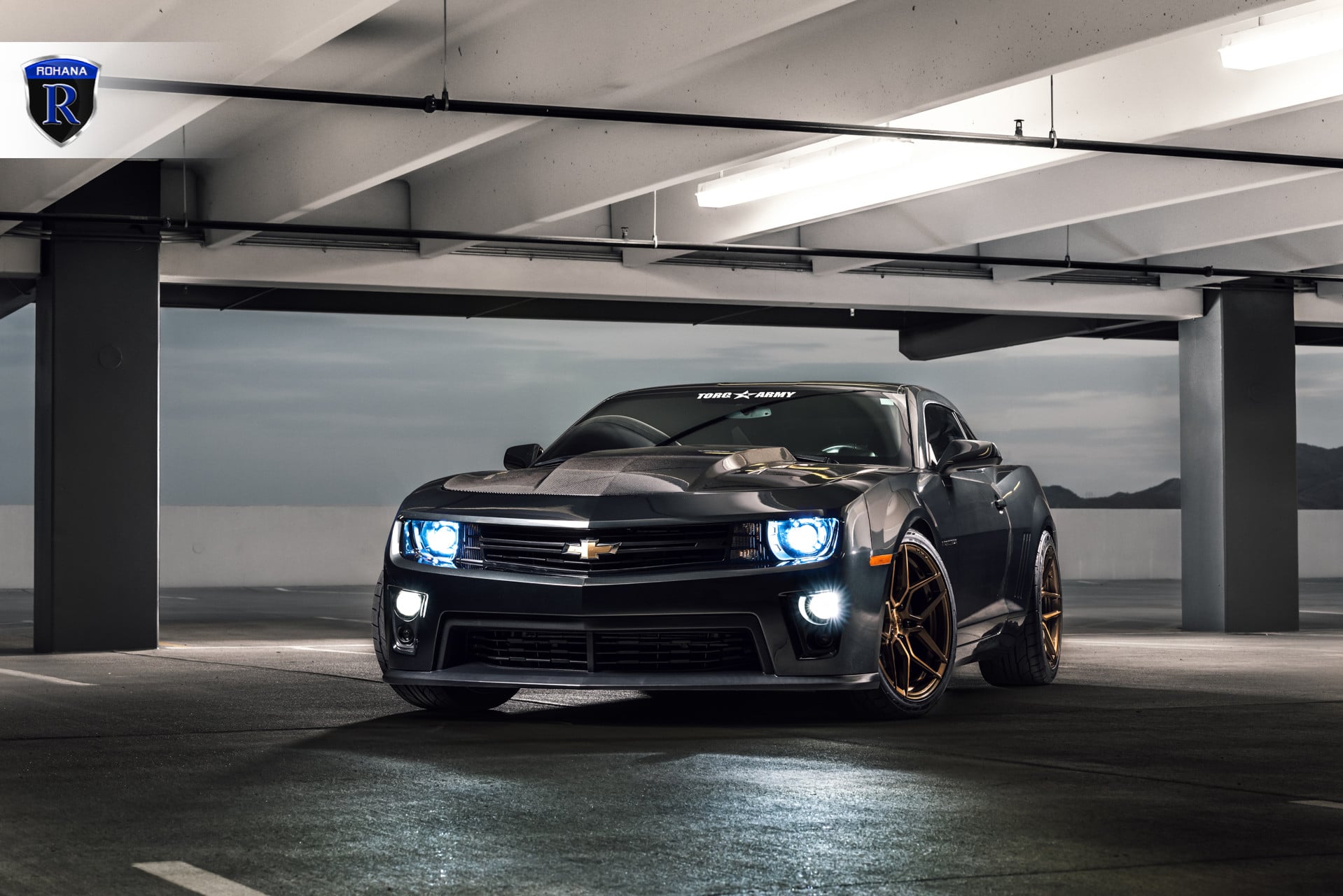 Black Chevy Camaro with Carbon Fiber Hood - Photo by Rohana Wheels
