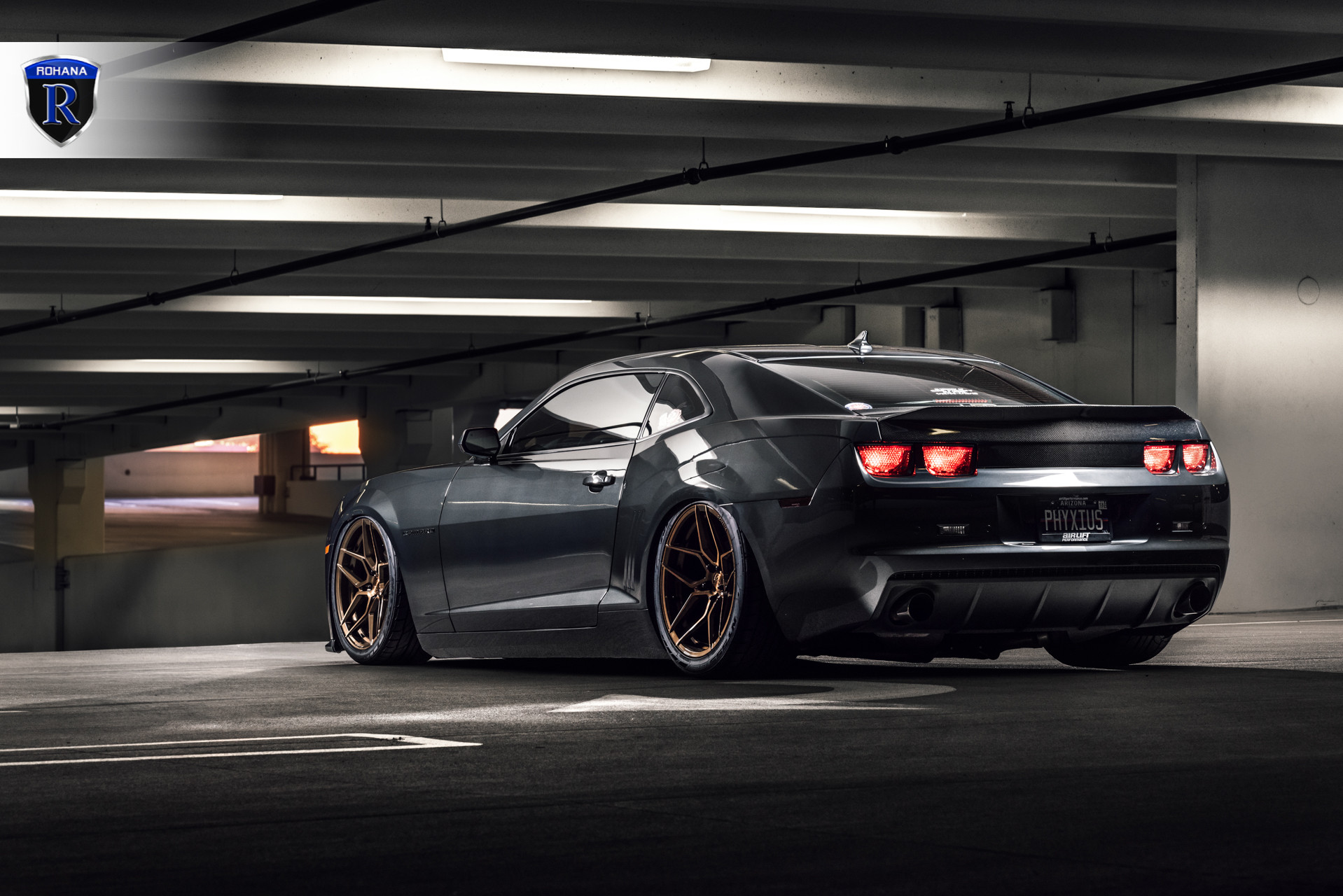 Carbon Fiber Rear Spoiler on Black Chevy Camaro - Photo by Rohana Wheels