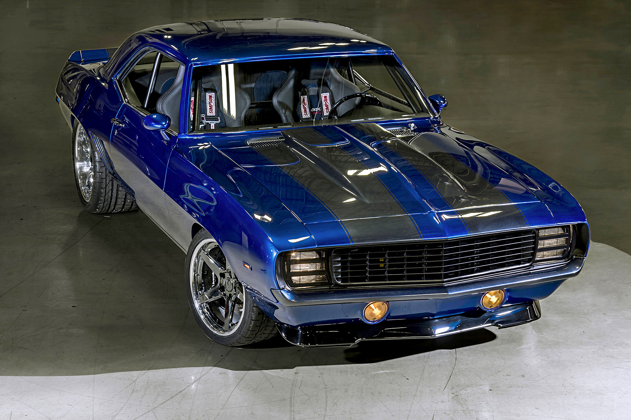 Blue Chevy Camaro Boss with Aftermarket Vented Hood - Photo by Dominick Damato