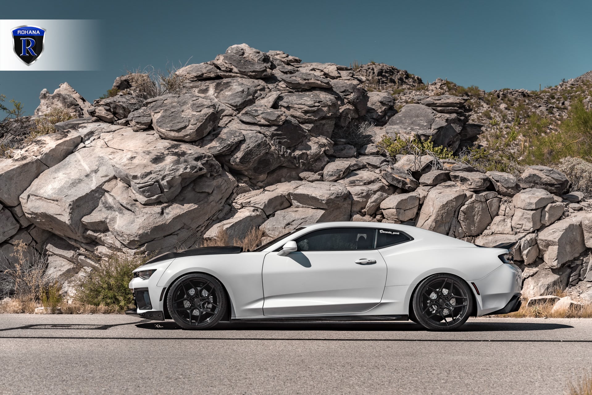 White Chevy Camaro with Carbon Fiber Side Skirts - Photo by Rohana Wheels