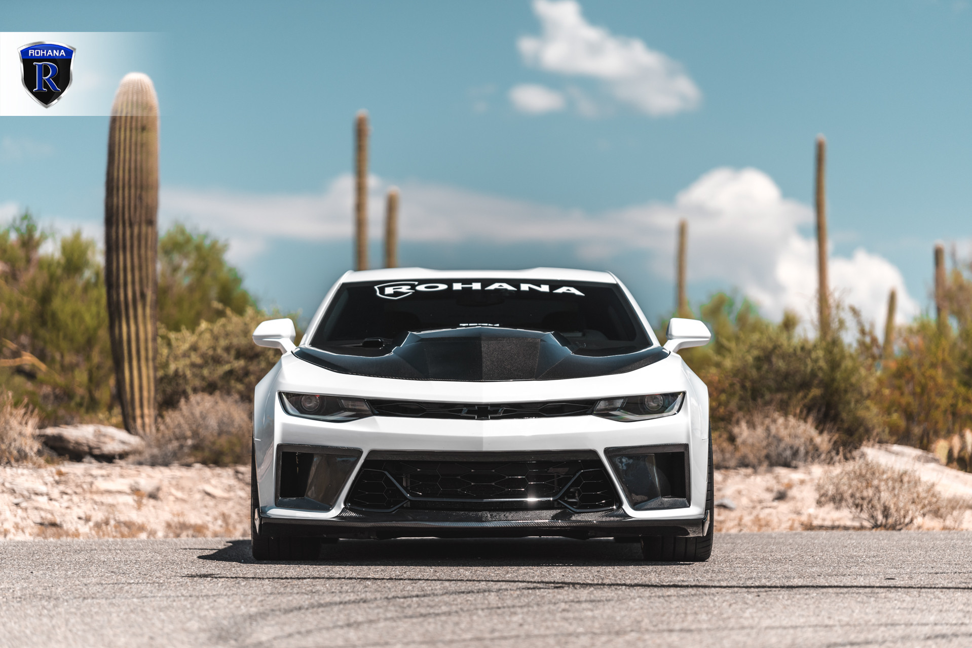 Carbon Fiber Vented Hood on White Chevy Camaro - Photo by Rohana Wheels