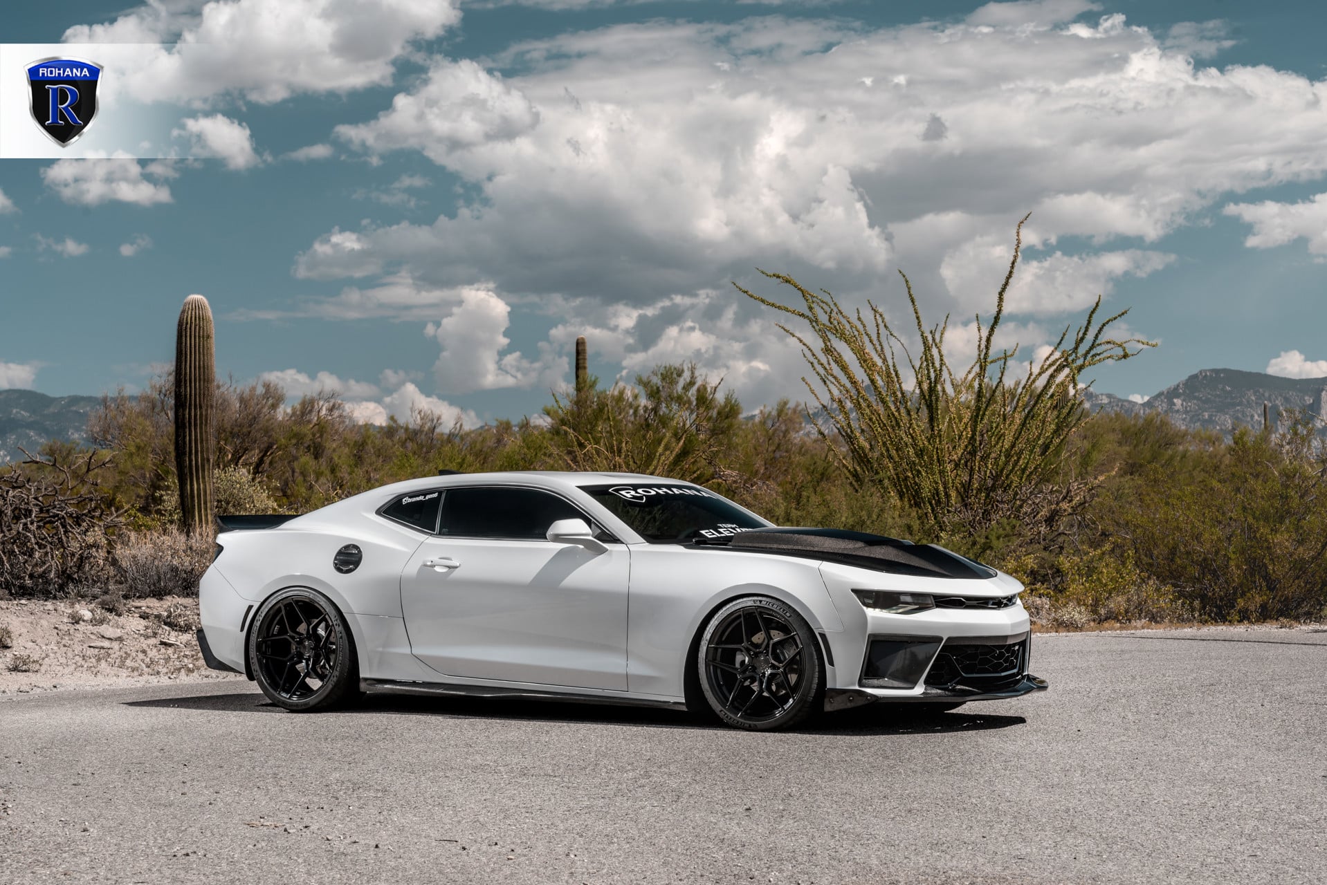 Carbon Fiber Front Bumper Lip on White Chevy Camaro - Photo by Rohana Wheels