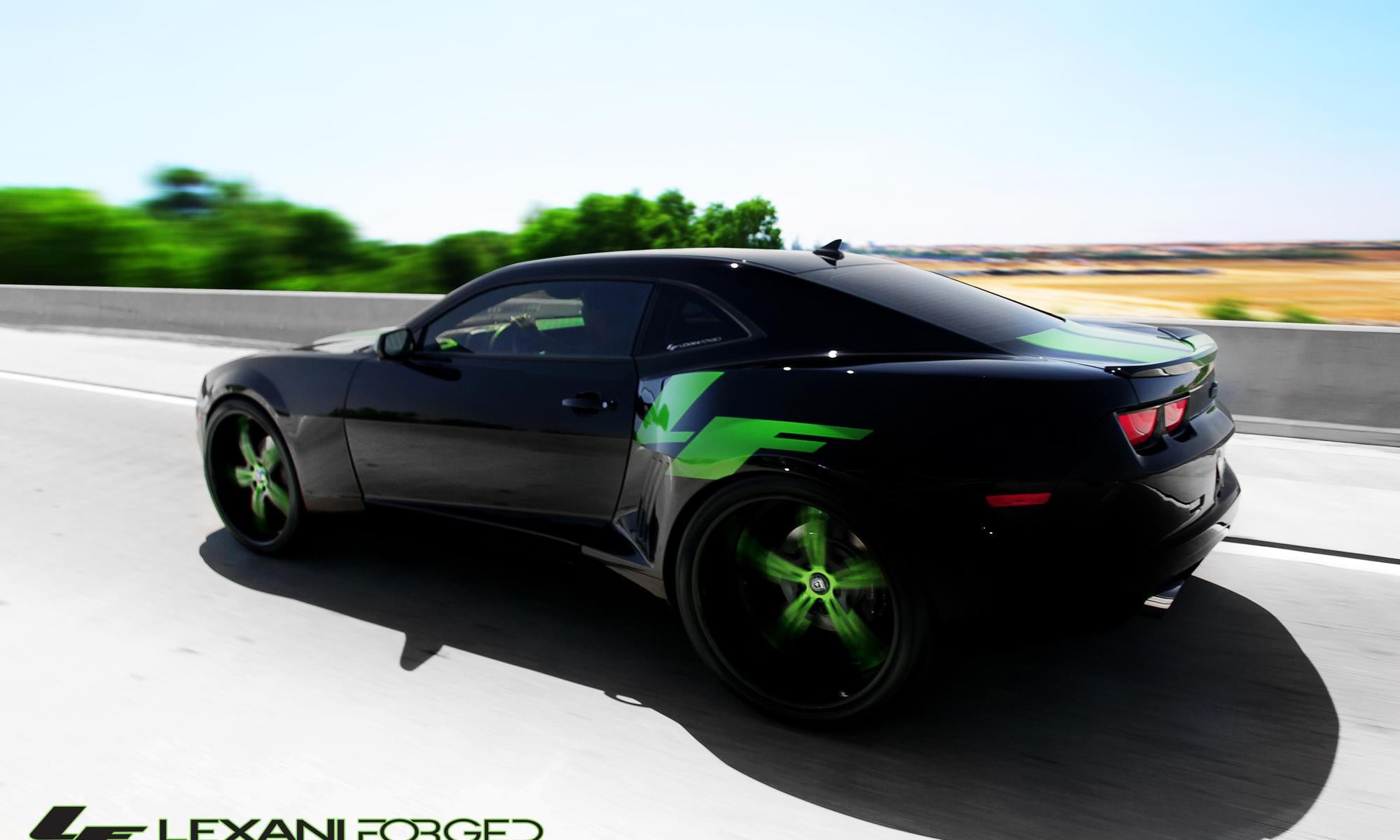 Black and Green Chevy Camaro with Aftermarket Rear Lip Spoiler - Photo by Lexani