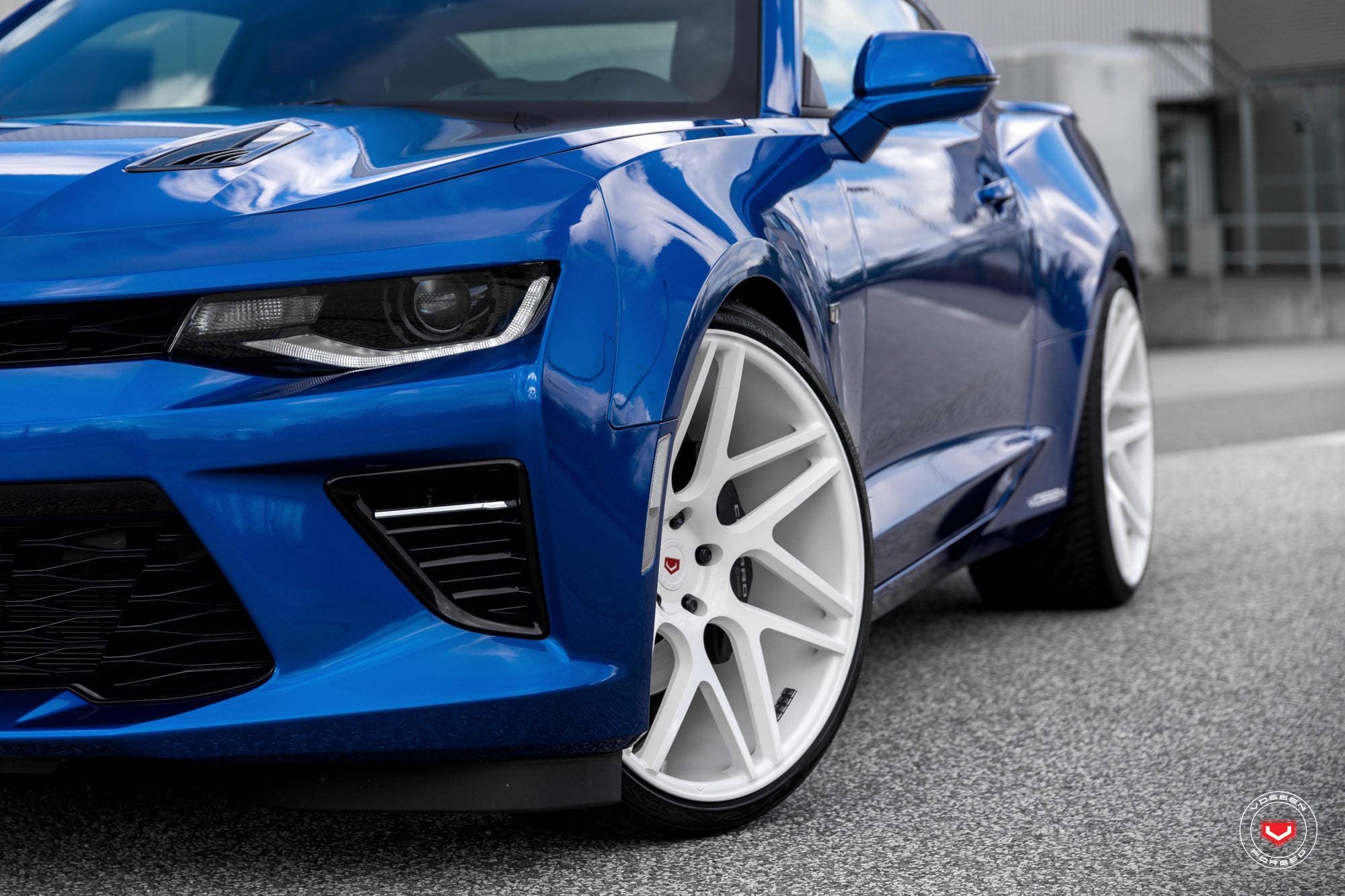 Blue Chevy Camaro with Aftermarket LED Headlights - Photo by Vossen