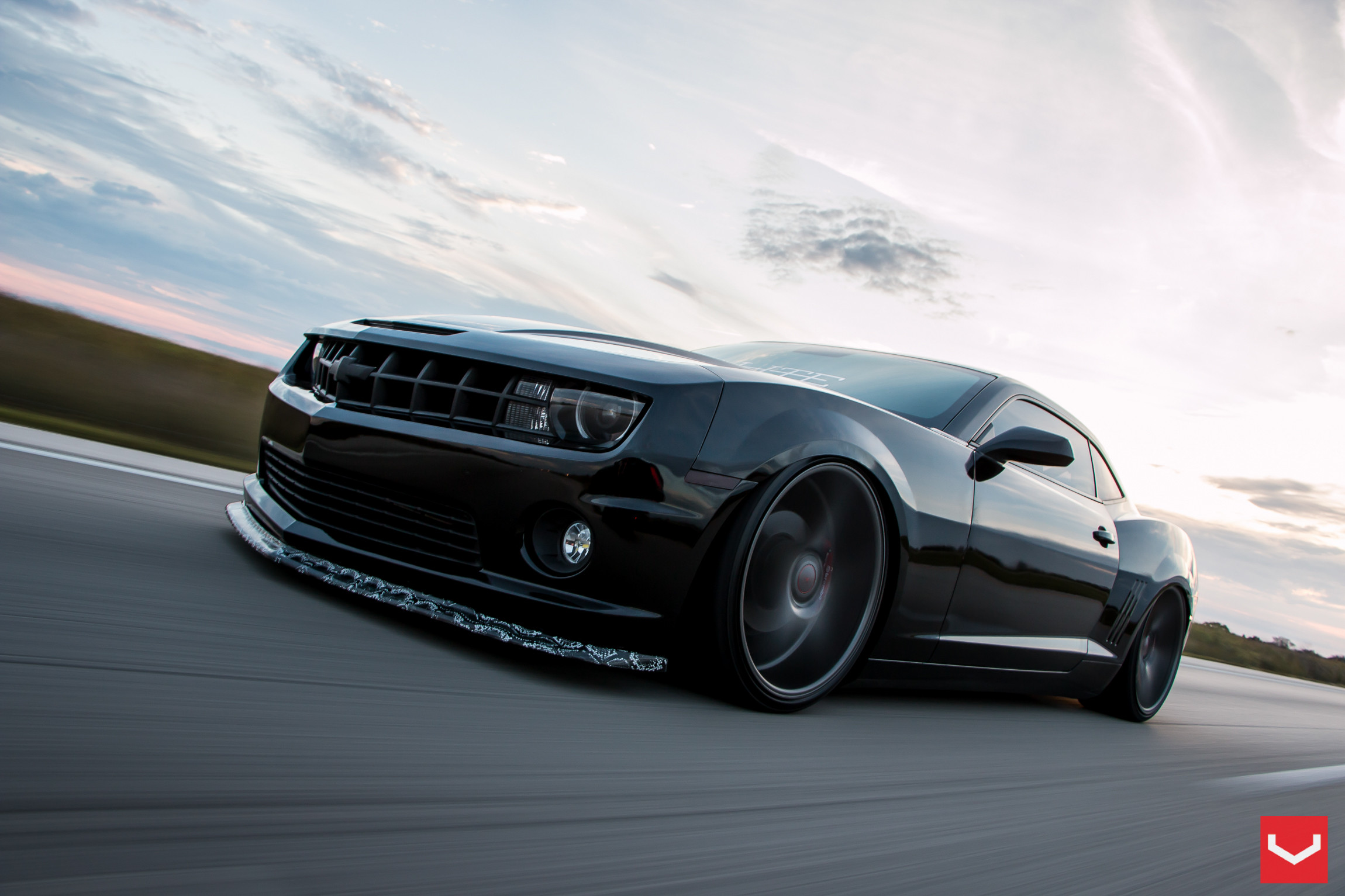 Custom Front Bumper Lip Spoiler on Black Chevy Camaro - Photo by Vossen