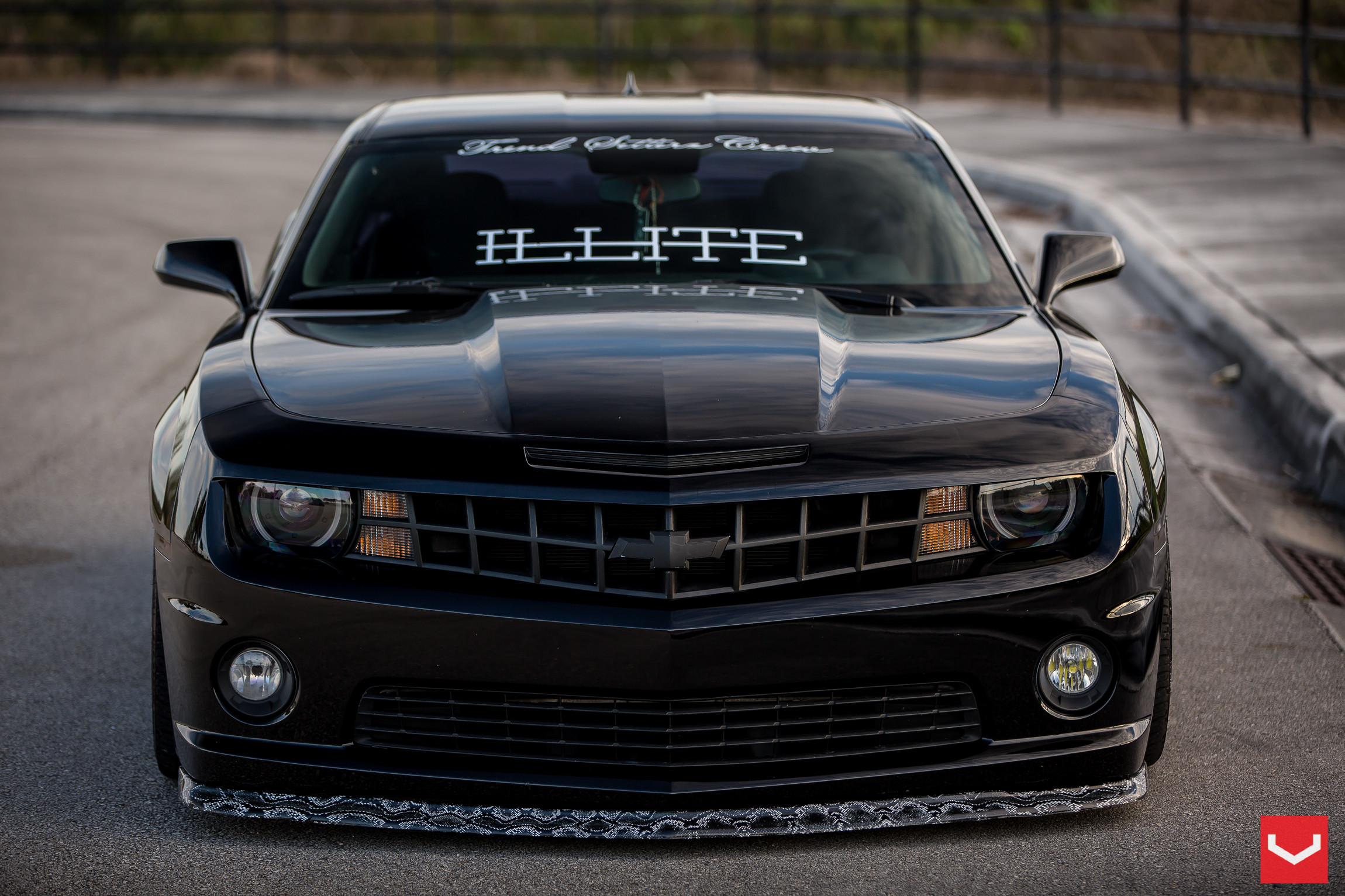 Aftermarket LED Headlights on Lowered Black Chevy Camaro - Photo by Vossen