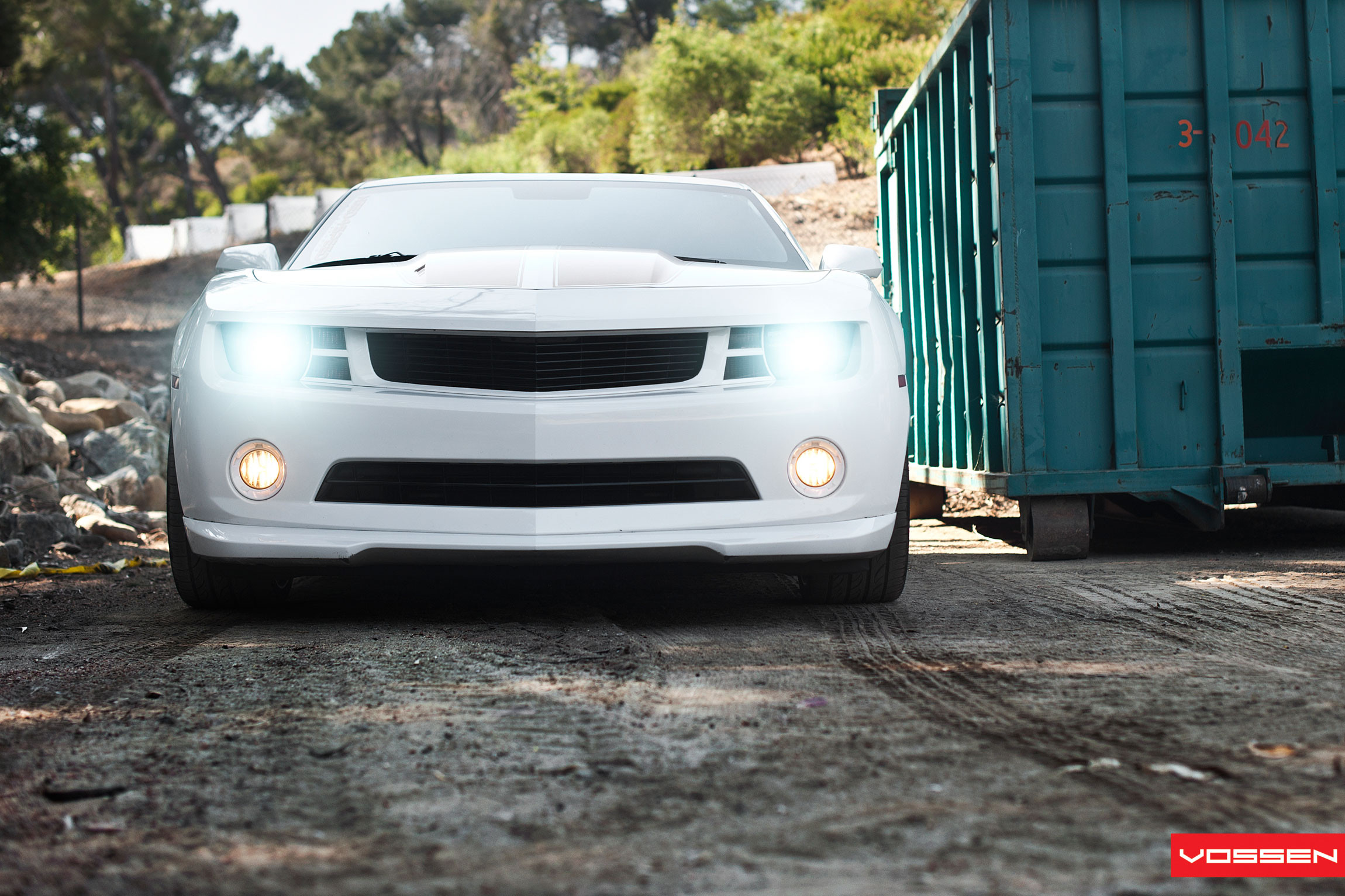 Aftermarket Front Bumper with LED Fog Lights on Chevy Camaro - Photo by Vossen
