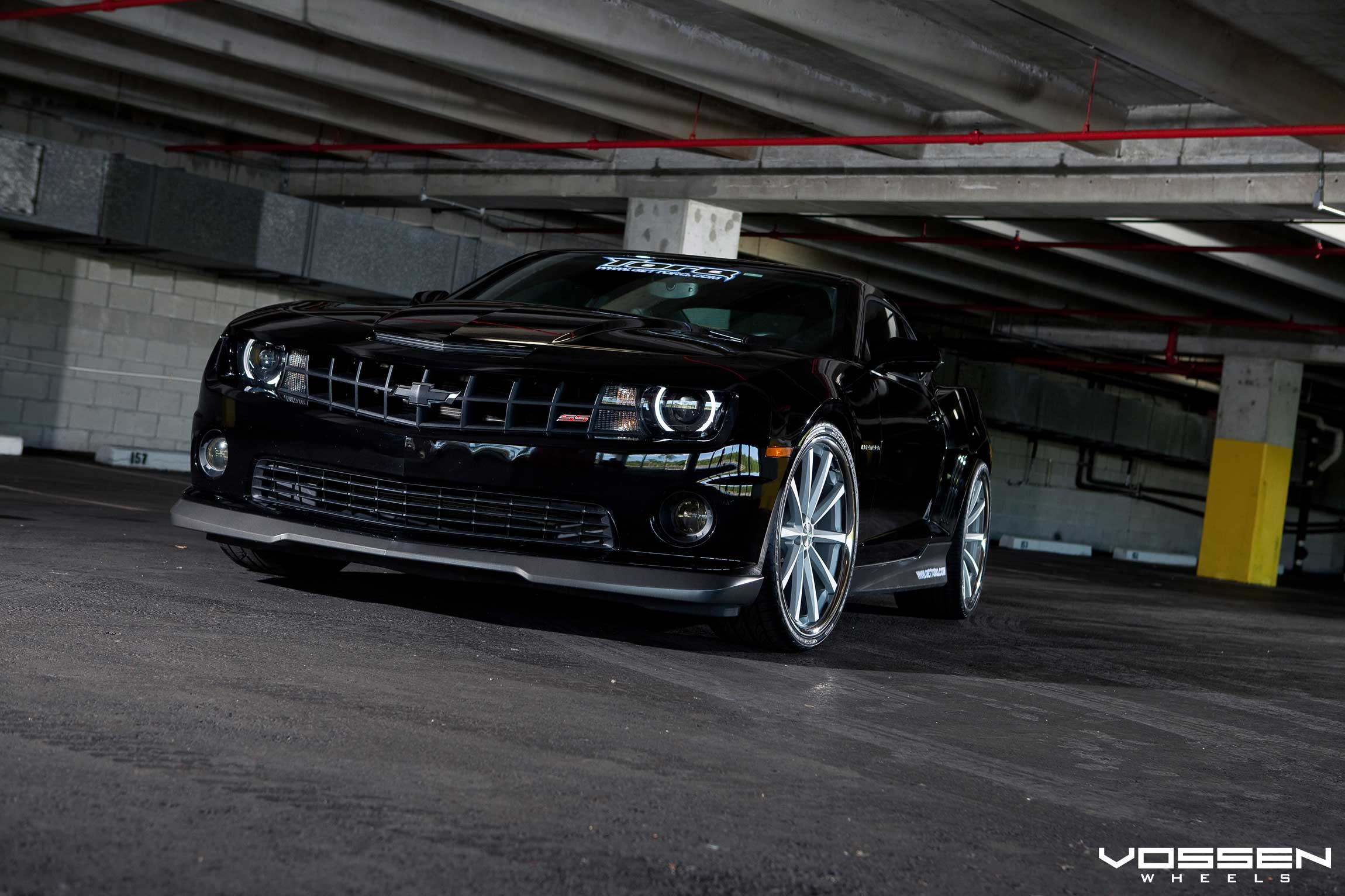 Custom Front Lip Spoiler on Black Chevy Camaro - Photo by Vossen