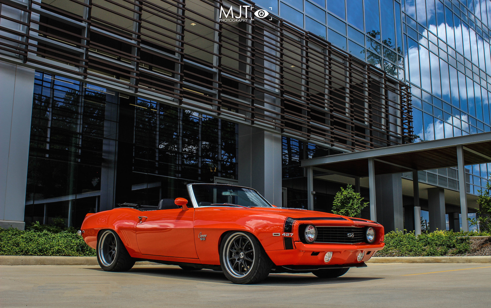 Front Bumper with Fog Lights on Red Convertible Chevy Camaro - Photo by Forgeline Motorsports