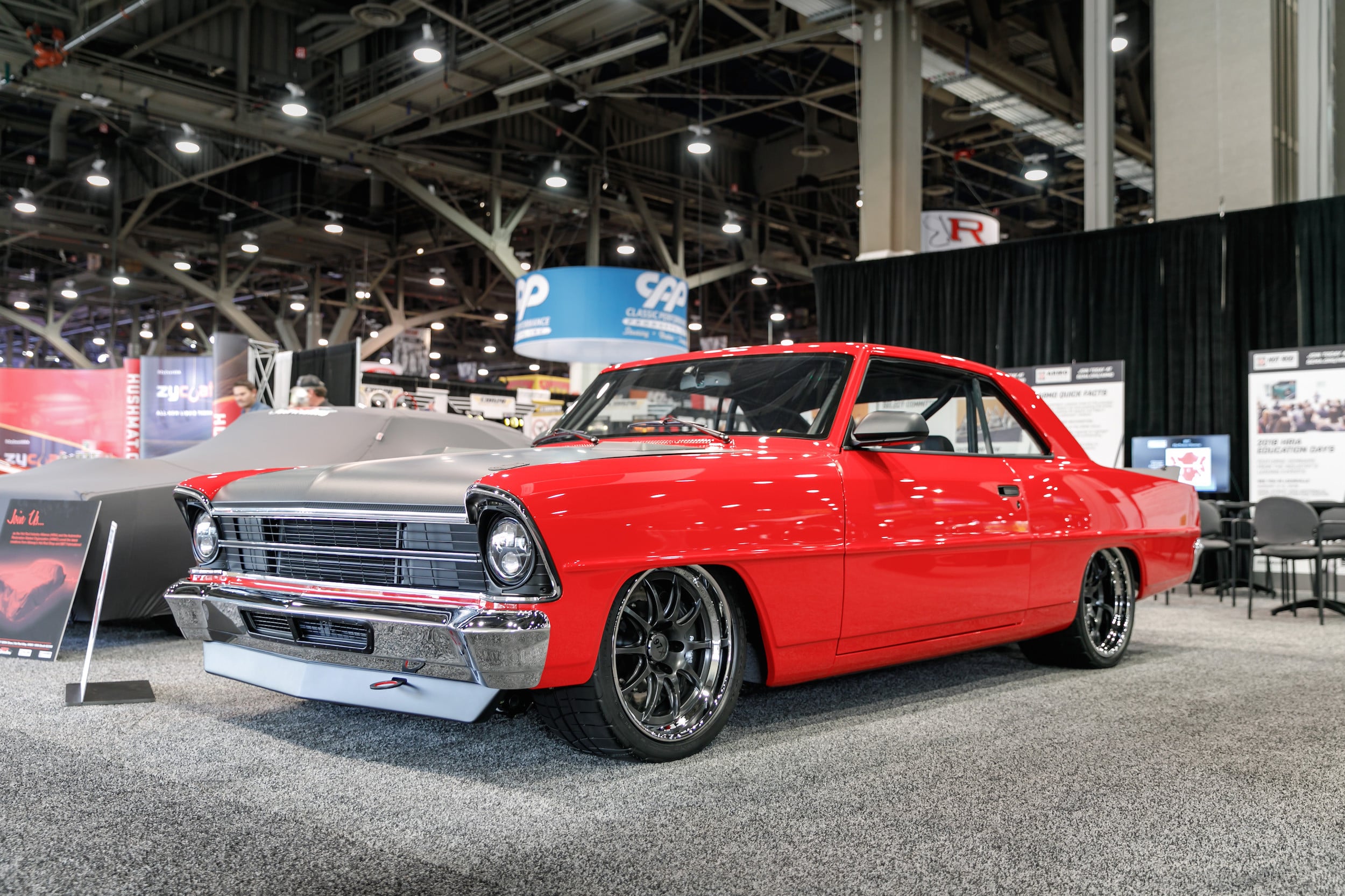 Aftermarket Hood on Red Chevy II - Photo by Forgeline Motorsports