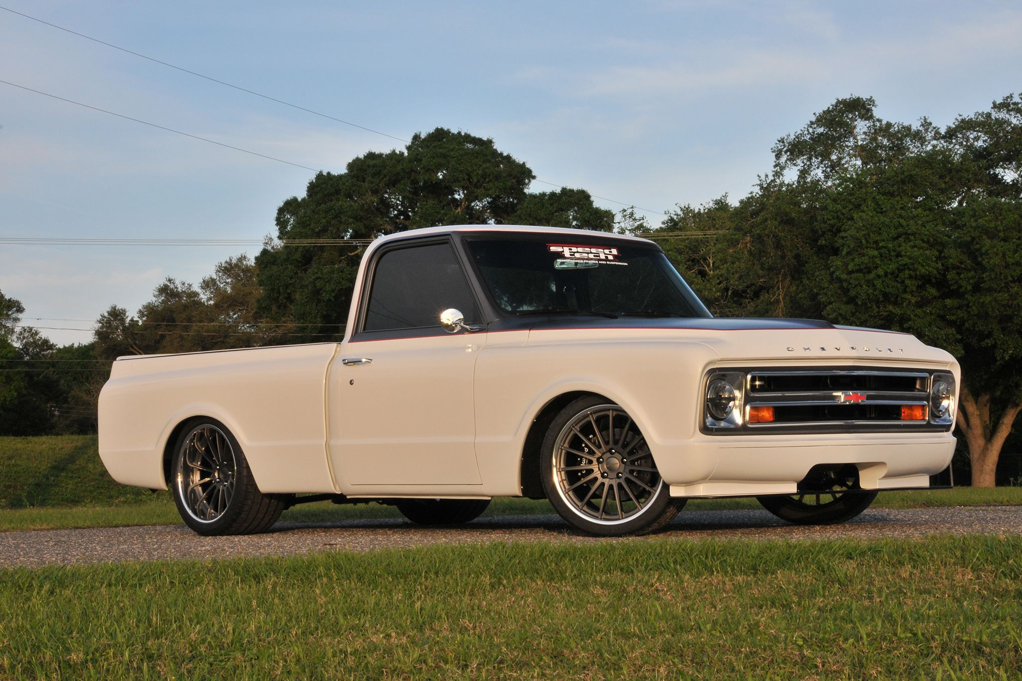 Chrome Side Mirrors on White Lowered Chevy CK - Photo by Forgeline Motorsports