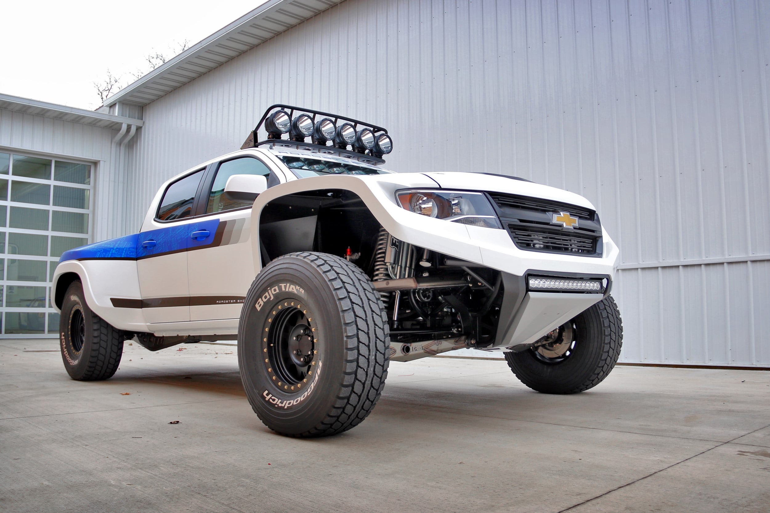 Custom Bull Bar on White Lifted Chevy Colorado - Photo by Roadster Shop