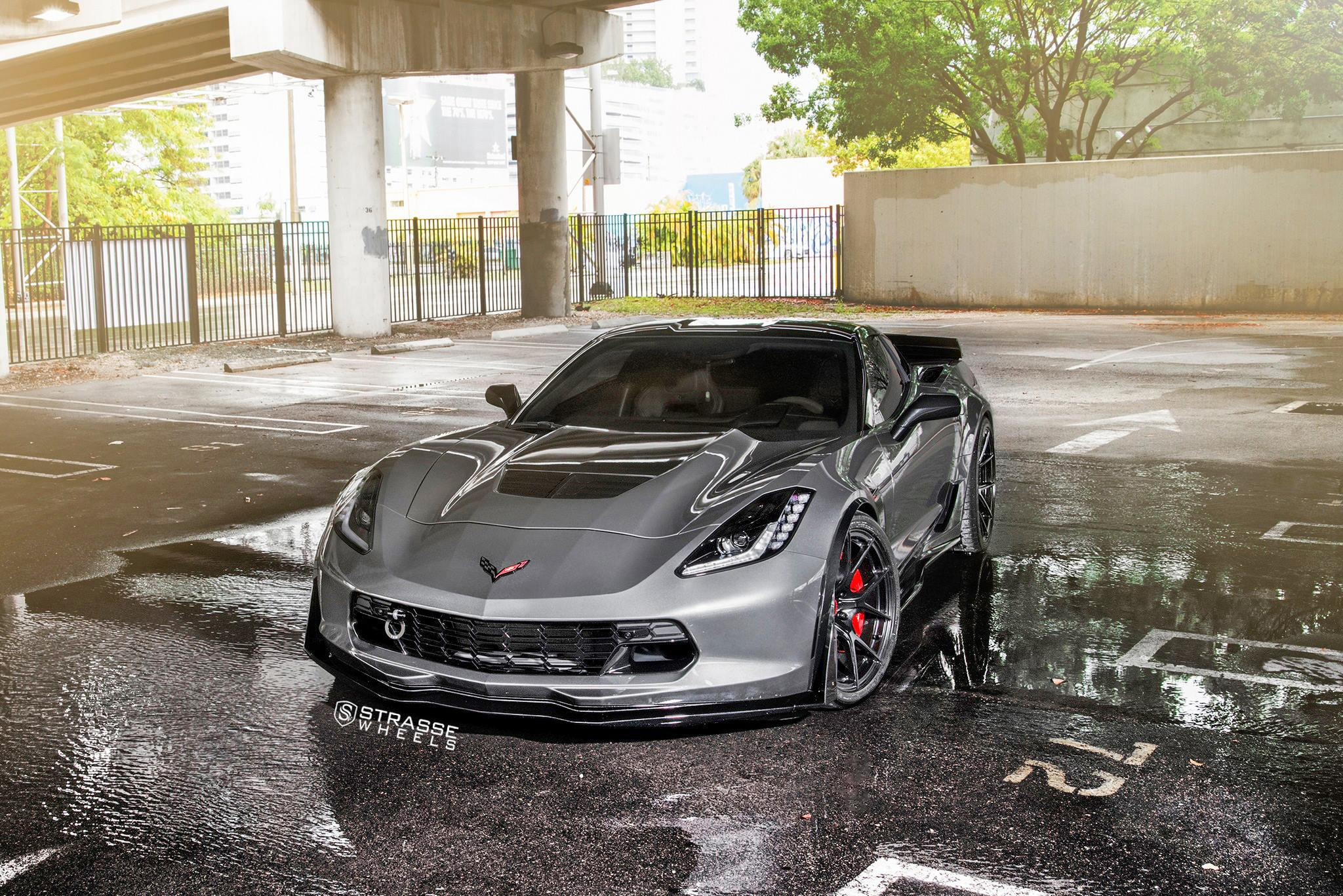 Gray Chevy Corvette with Custom Hood - Photo by Strasse Wheels