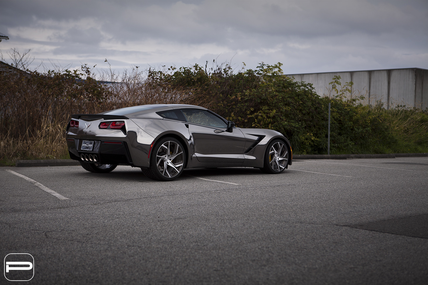 Aftermarket Rear Spoiler on Gray Chevy Corvette - Photo by PUR Wheels