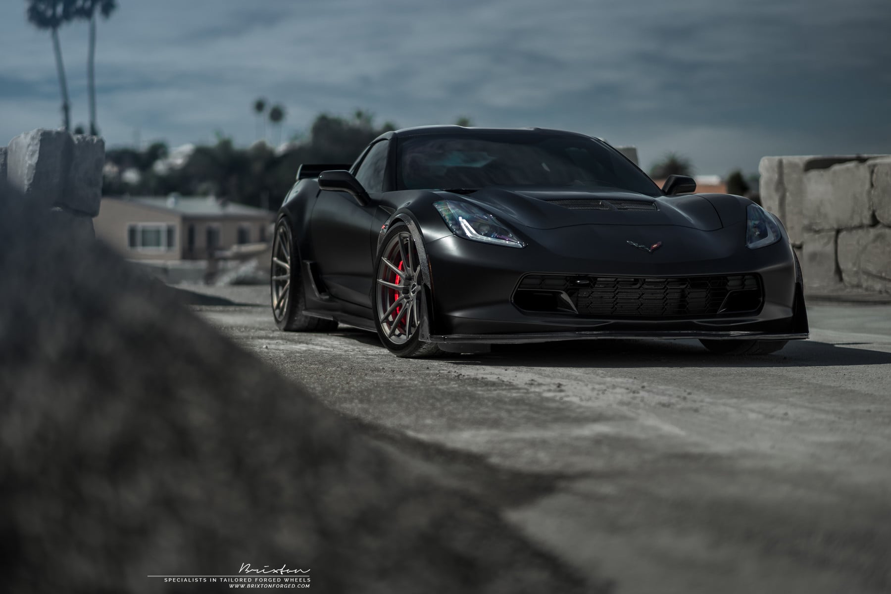 Carbon Fiber Front Lip on Black Chevy Corvette - Photo by Brixton Forged Wheels