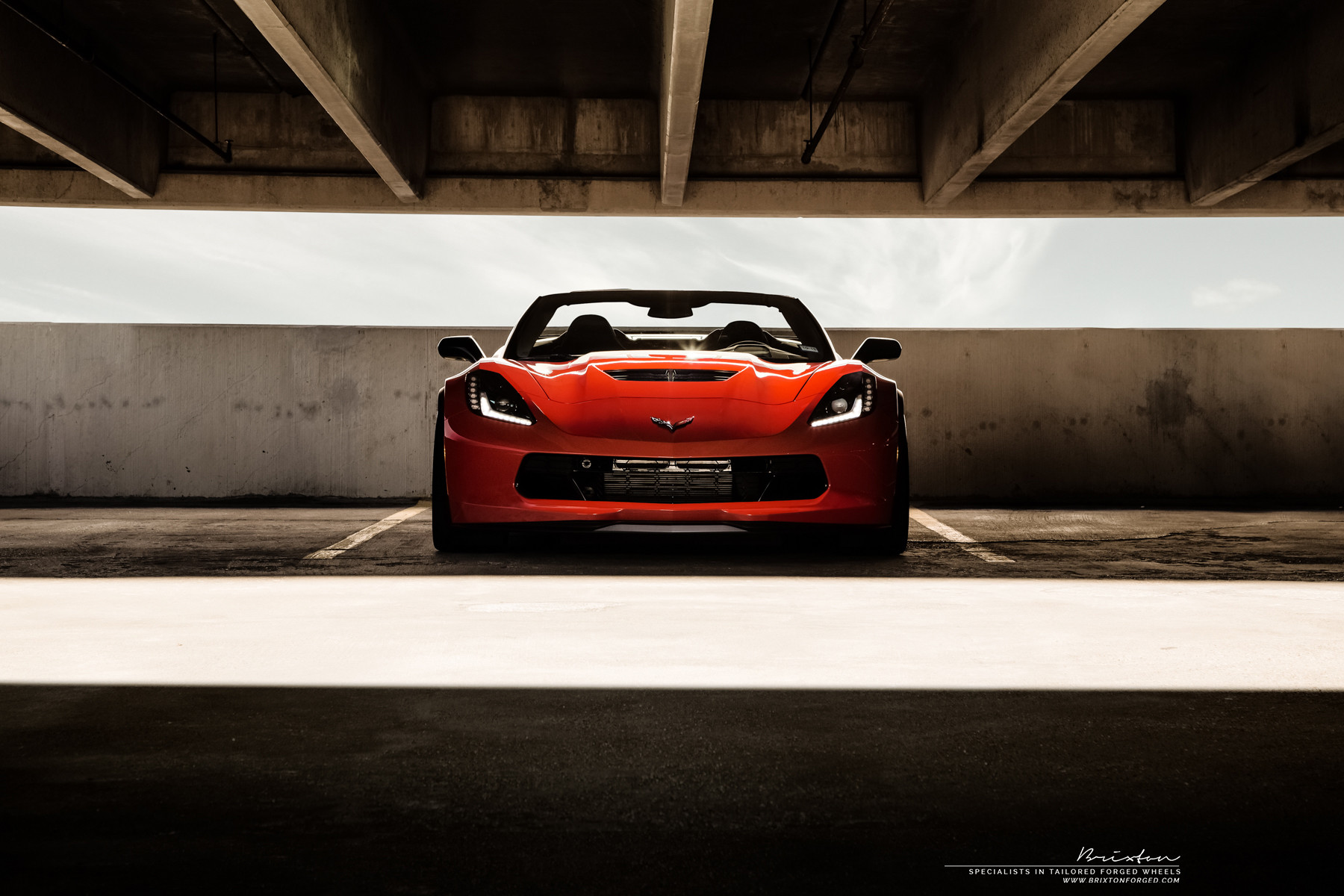 Aftermarket Vented Hood on Red Chevy Corvette - Photo by Brixton Forged Wheels