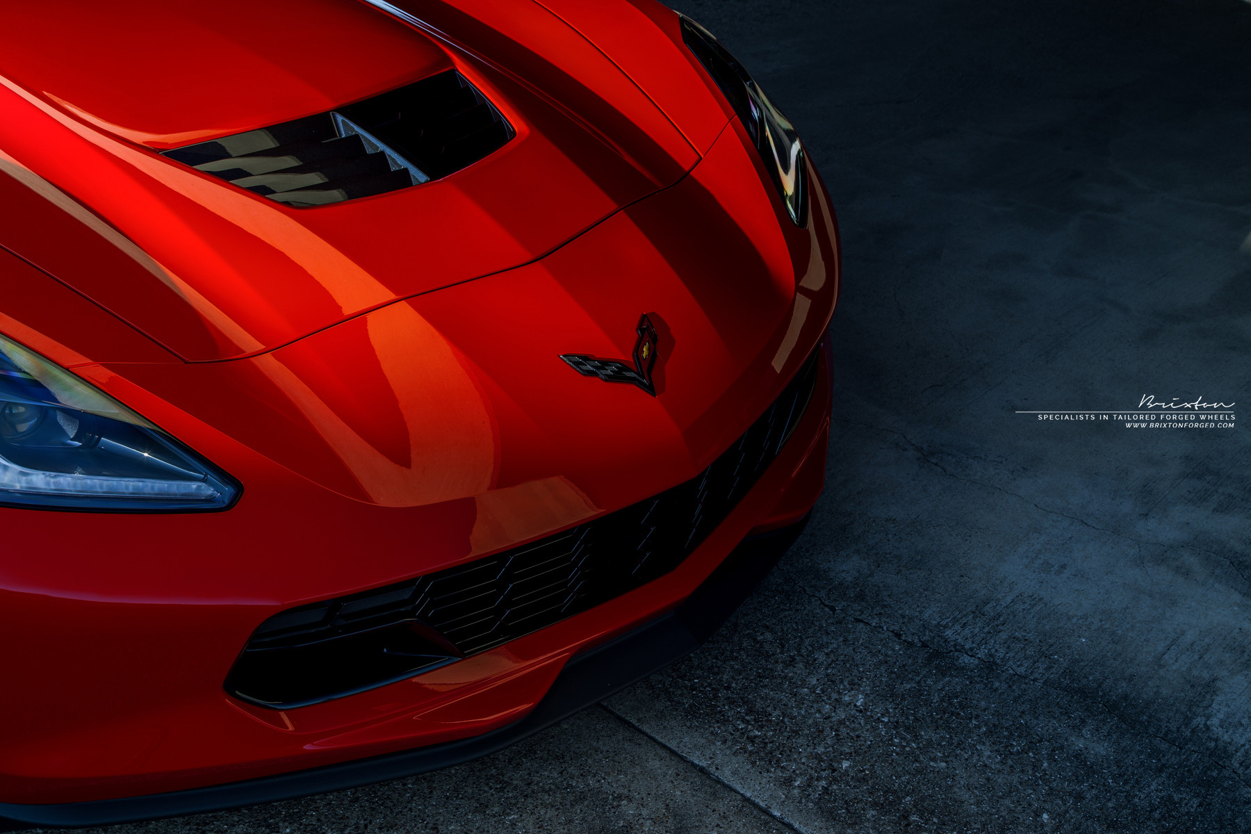 Dark Smoke LED Headlights on Red Chevy Corvette - Photo by Brixton Forged Wheels